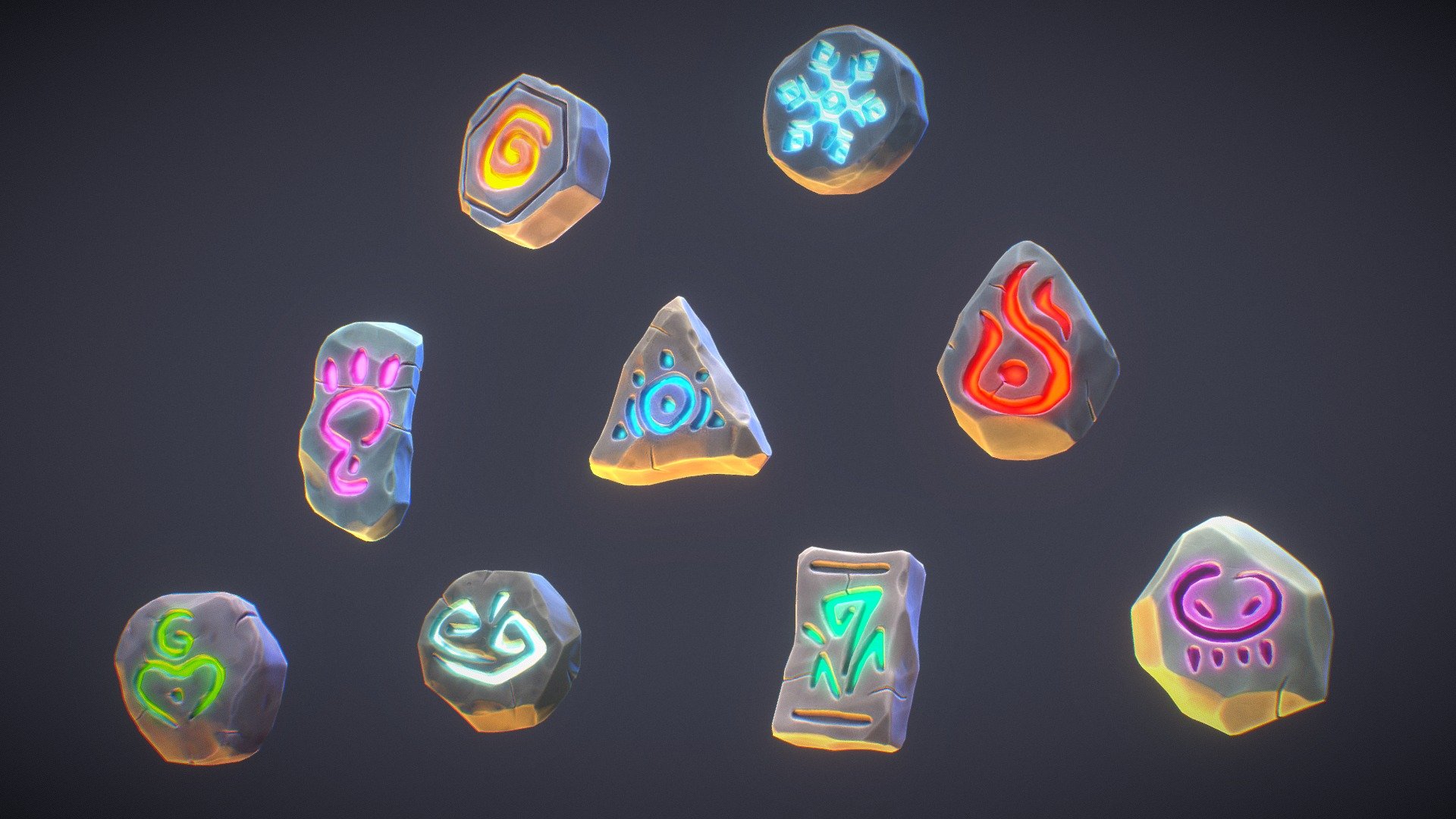 Stylized Runes Pack 
1. Rock skin rune
2. Frost rune
3. Running rune
4. See through rune
5. Rage rune
6. Healing rune
7. Fog rune
8. High jump rune
9. Hunger rune - Stylized Runes Pack - 3D model by Vladimir Abashin (@UncleV89) 3d model