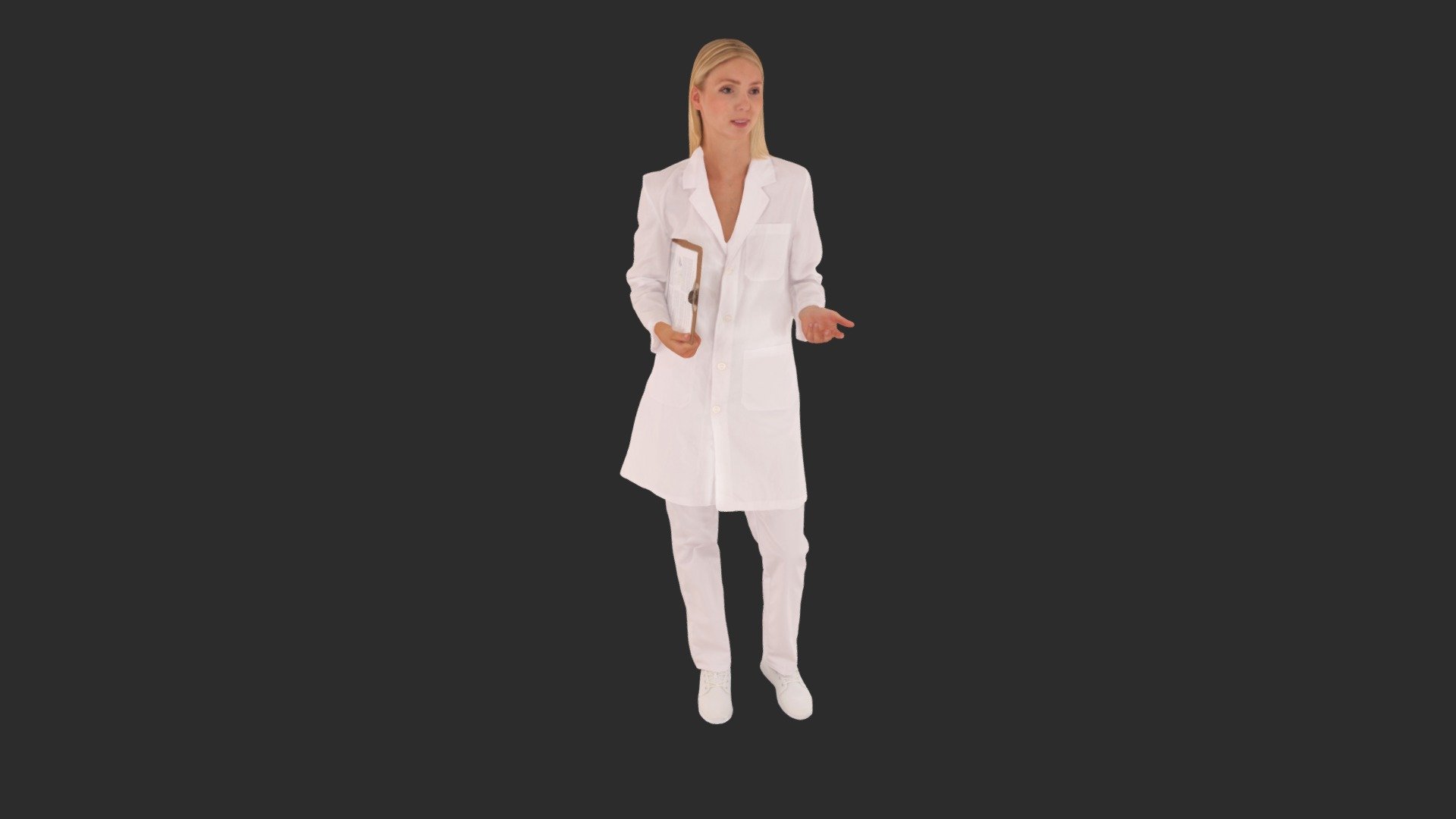 Renderpeople Posed 3D People are static 3D People. Each of them portrays a specific natural pose that has been captured in our state-of-the-art 3D scanner. The geometry and high-resolution textures of all Posed 3D People have been manually refined to match the vividness and authenticity of real human beings. Posed People include pre-built materials and are ready to render.

✔ Two versions: 100k &amp; 30k polycount ✔ Unwrapped UVs ✔ 8k high-resolution textures ✔ includes Diffuse and Normal maps ✔ includes Alpha maps (included in seperate zip archive)

Renderpeople offers a diverse portfolio of lifelike and easy-to-use 3D People for renderings. Download and test our free 3D People to convince yourself of the great quality and usability of our Renderpeople products.

Find more than 3800 different 3D People on: https://renppl.co/3D-People-Catalog - Janna Posed 047 - Female 3D Healthcare Model - Buy Royalty Free 3D model by Renderpeople 3d model