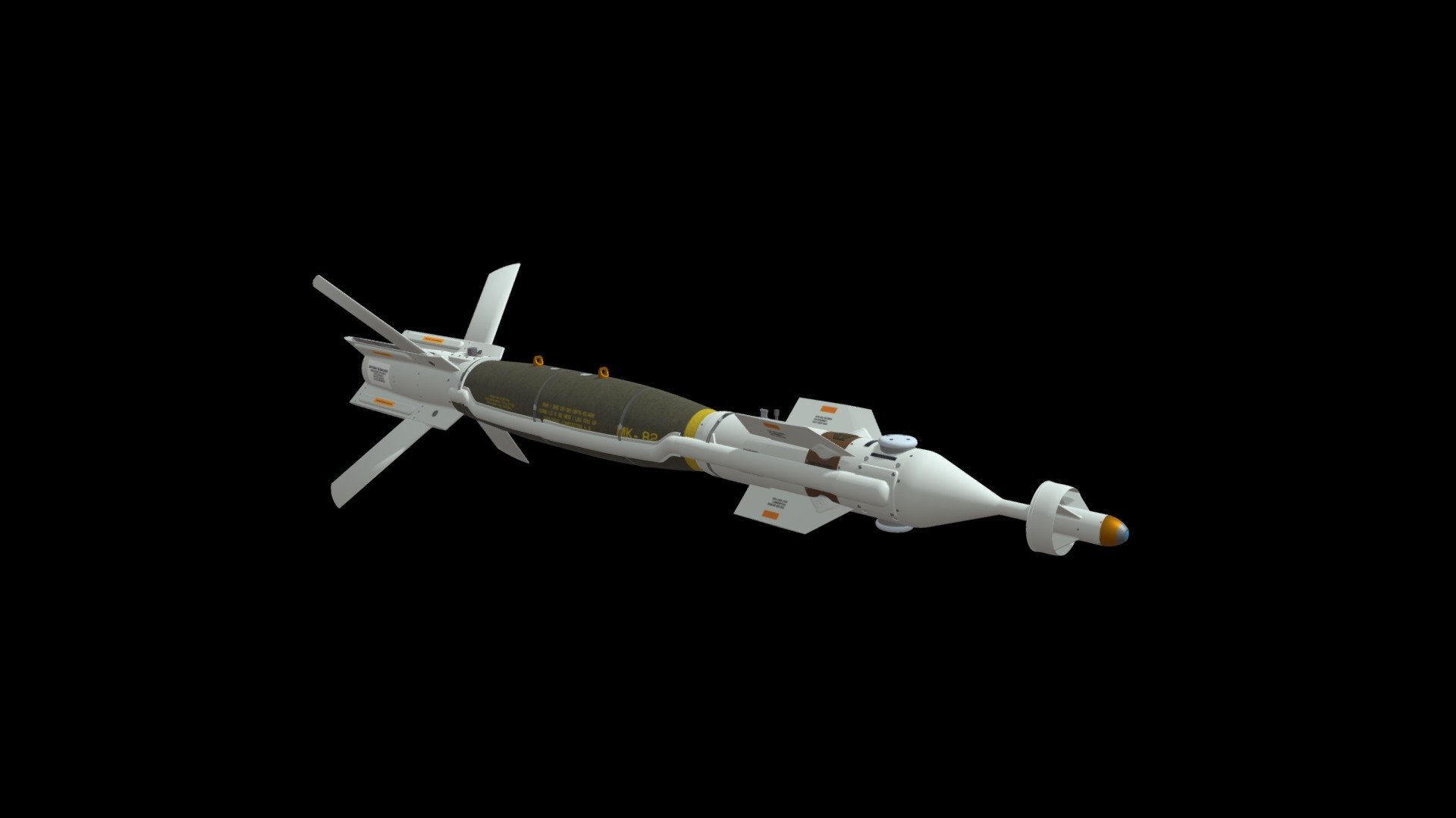 GBU-49 Enhanced Paveway II

The GBU-49 PAVEWEAY  by Raytheon Tecnologies also known as EGBU-12 Paveway II, Enhanced Paveway II and EP2 is a dual-mode guided bomb designed to effectively operate in all-weather conditions. Laser-guided GBU-12s can only operate in optimal weather conditions endangers the laser beam which guides the bomb through its intended target. EGBU-12s, which were introduced in 2001 during operation Enduring Freedom in Afghanistan, relies on semi-active laser guidance and Global Positioning System (GPS) aided inertial guidance system to seamlessly hit the target. The GPS guides the bomb in poor weather conditions and laser guidance aides engaging mobile targets of opportunity.
This model is presented with bent connection from the front guide kit to the rear wing kit. (Probably RAF version) - GBU-49-B PAVEWAY II RAYTHEON DMLGB-BENT CONNECT - 3D model by Edgar Brito (@e.brito) 3d model
