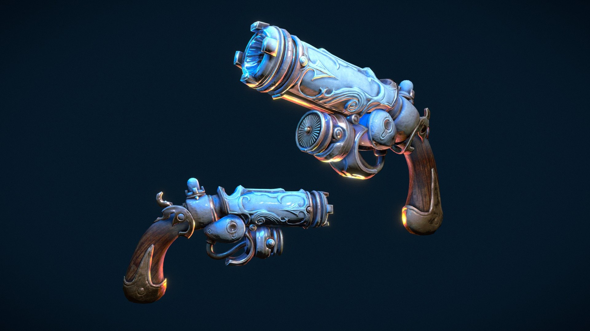 A small frost gun that I made during the day.
2 set 2k textures. 10k tris. Normal map in DirectX

My Artstation: https://www.artstation.com/mar_cos - Stylized Frost Gun - Download Free 3D model by MAR.COS. 3d model