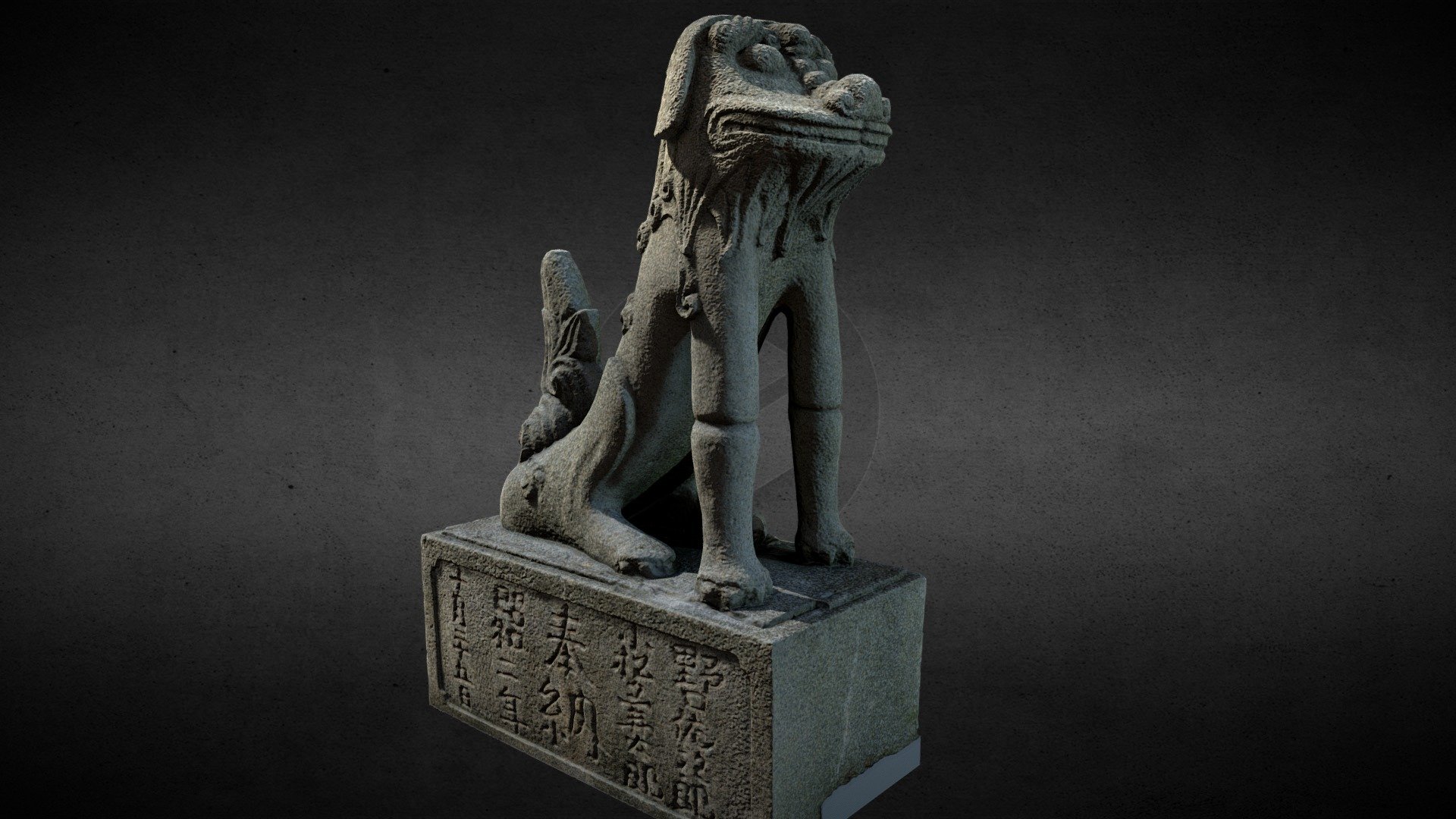 Lion-Statue-043F-花蓮-碧蓮寺 吽形

豐田神社大正四年（1915）鎮座，屬無格社，為豐田移民村的日人在臺灣安身立命的信仰倚靠。戰後神社被改建為碧莲寺，目前尚存鳥居、狛犬及石燈籠等遺跡。此對狛犬位於寺前，身驅刻有渦漩紋，台座處有「野口佐次郎 小松口太郎奉納 昭和二年十月二十五日」款。在造型上，匠師順著芯棒塑形，自後腦勺沿著背脊塑出一道優美的弧線，前端以筆直細長的前肢作為支應，未端則以豎立的尾鬃平衡了頭重腳輕的情況，在單純精簡中透出形的美感。如後肢不多作骨路肌肉的描寫，與服貼的鬃毛同匯融於渾暢簡潔的軀體；而前肢肘部僅以一横線劃分，即巧妙地打破視覺的單調冗長，卻又不至擾亂整體的協調，誠為一簡中寓繁的難得逸品。

節自《臺灣石獅圖錄》陳磅礴著



Lion-statue-043F

Polys: 30004
Verts: 15002

Lion-statue-043F 3D Model. Model created with Photogrammetry and completed in 3ds Max.
Model used normal map for details. This model contains 30004 Triangles

Textures:

043F-AO.png—8192x8192(Ambient occlusion map)

043F-D.png—8192x8192(Diffuse map)

043F-N.png—8192x8192(Normals map)

043F-Rough.png—8192x8192(Roughness map) - Lion-Statue-043F-花蓮-碧蓮寺 - Buy Royalty Free 3D model by Kevin Lai 賴昊君 (@HaoJunLai) 3d model