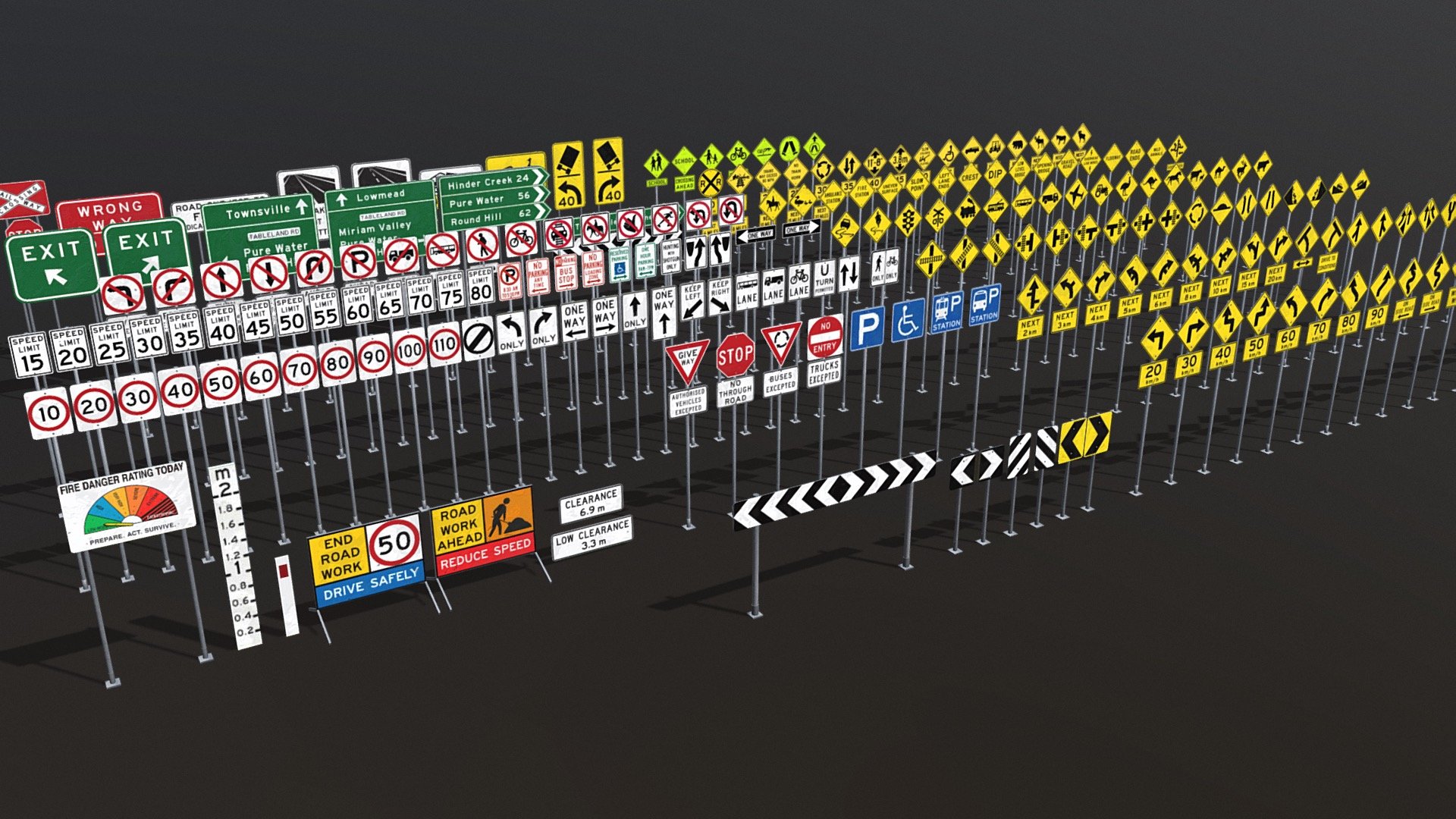 Road Sign Asset pack containing 283 unique sign assets depicting road signs in Australia and the United States.

Contains:
* 104 Warning Sign (Yellow)
* 50 Secondary Warning Signs (Yellow Underneath) - Provide Addition Information
* 11 Pedestrian/Cyclist Warning Sign (Yellow-Green)
* 84 Regulatory signs (White/Black) (Including Speed Limit Signs MPH and KM/H)
* 6 Direction Signs (Green)
* 4 Parking Signs (Blue)
* 7 Hazard Markers (Arrows)
* 10 Various Large Signs
* 7 Various Hazard Signs 

All meshes were modelled by me. Uses Freeway-Gothic and Lane-D fonts
Original Images taken from Wikipedia licensed under public domain. Australian Road Signs American Road Signs - Australian & American Road Signs Asset Pack - Buy Royalty Free 3D model by Jotrain 3d model
