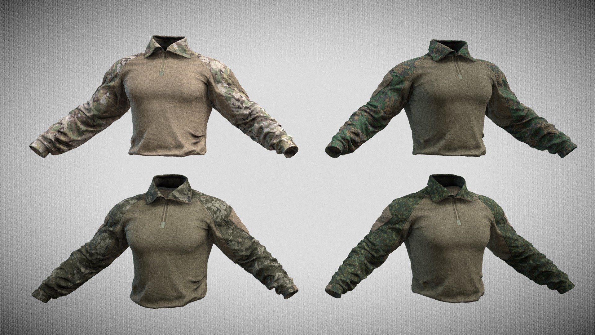 Game-Ready PBR low-poly model of a tactical shirt. All materials and textures are included. The textures of the model are applied with UV Unwrap. Normal map was baked from a high poly model. Including 3dsmax and Blender, OBJ and FBX.

9473 polygons
12574 triangles
6290 vertices

Maps:

shirt_Diffuse_Camo_01.tga, shirt_Diffuse_Camo_02.tga, shirt_Diffuse_Camo_03.tga, shirt_Diffuse_Camo_04.tga, shirt_Diffuse_Camo.tga, shirt_Diffuse_Green.tga, shirt_Normal.tga, shirt_Specular.tga, shirt_Metallic.tga, shirt_AO.tga, shirt_Curvature.tga, shirt_Glossiness.tga, shirt_Roughness.tga (4096x4096) - Tactical Shirt - Buy Royalty Free 3D model by alpenwolf (@alpen) 3d model