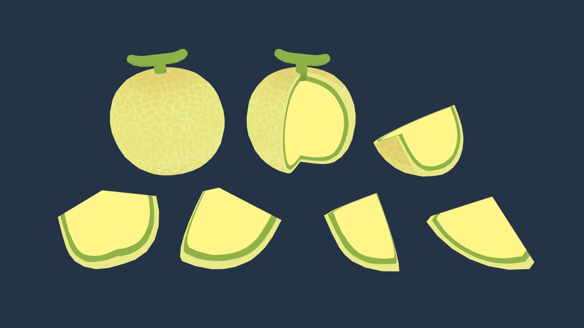 A cute, simple cantaloupe with a colourful, cartoon style 🍈

Part of the Cute Fruits Pack! See the full model pack here 👑✨

Includes:

1 whole cantaloupe mesh

6 cantaloupe slice meshes

2 texture .pngs

Zip file contains the models as an .fbx file - Cute Cantaloupe - Buy Royalty Free 3D model by pixelatedcrown 3d model