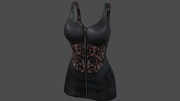 Female Front Zip Up Mini Black Leather Dress