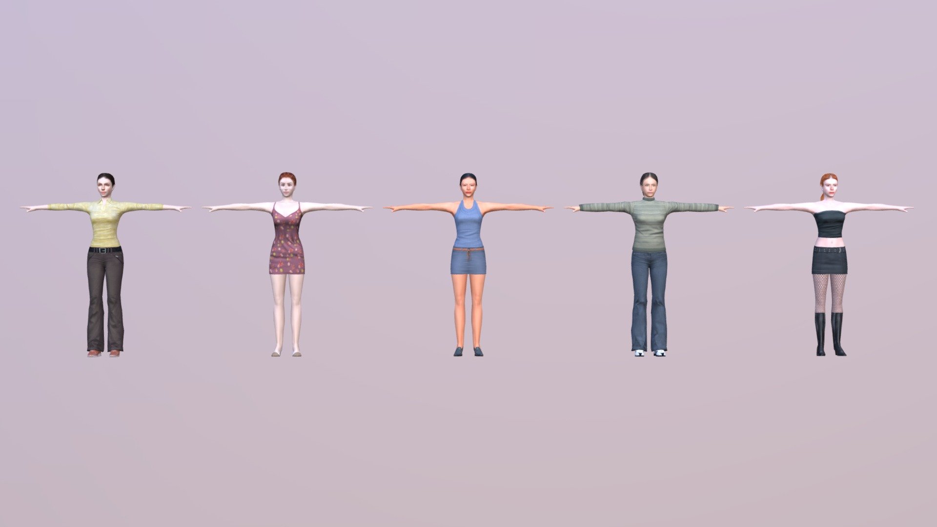 FOR FULL DETAILS+PREVIEW - LINK


Woman_06_To_10
( 5 LOW POLY FEMALE CHARACTER WITH 32 MORPHS + 52 ANIMATIONS)

FEATURES




LOW POLY / RIGGED / ANIMATED

BONE RIG

UNREAL ENGINE EPIC SKELETON+EXTRA BONS (SKELETON TREE IN PREVIEW IMAGES)

AVAILABLE POSES=T-POSE,UE4 POSE, A-POSE

52 ANIMATIONS,32 MORPH (LISTED IN PREVIEW)

04 LOD GROUPS

SINGLE MATERIAL FOR WHOLE BODY

PBR 4K TEXTURES

UNWRAPPED UV

AVAILABLE FILE FORMATS




UNREAL-4.25

UNITY-2020

3DS MAX-2017

MAYA-2017

BLENDER-3.2

CINEMA 4D-R21

FBX-BOTH Z-UP &amp; Y-UP

OBJ

POLY COUNT




POLYGONS,TRIANGLES / VERTICES

5720/2960

6391/3311

5624/2912

6084/3146

5808/3025



LOD1-80%

LOD2-50%

LOD3-30%

TEXTURE RESOLUTION




DIFFUSE

NORMAL_MAP

SPECULAR

ROUGHNESS 

ALL TEXTURES IN 4096X4096 - Woman 6 To 10 With 52 Animations 32 Morphs - Buy Royalty Free 3D model by jasirkt 3d model