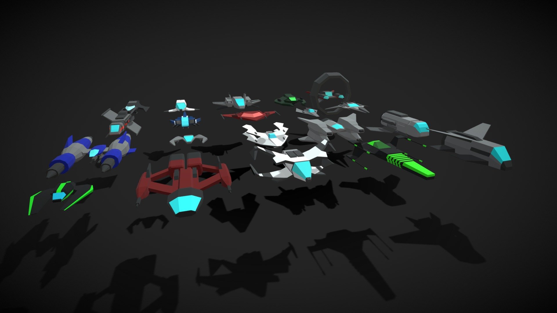 This is a set of multiple spaceships. You could use them for your next game or video. There are multiple spaceship types in this set, so you can choose to use only the racer types or the trasport types or the military ships. All ships are unique in this set, so you have 20 different ships 3d model