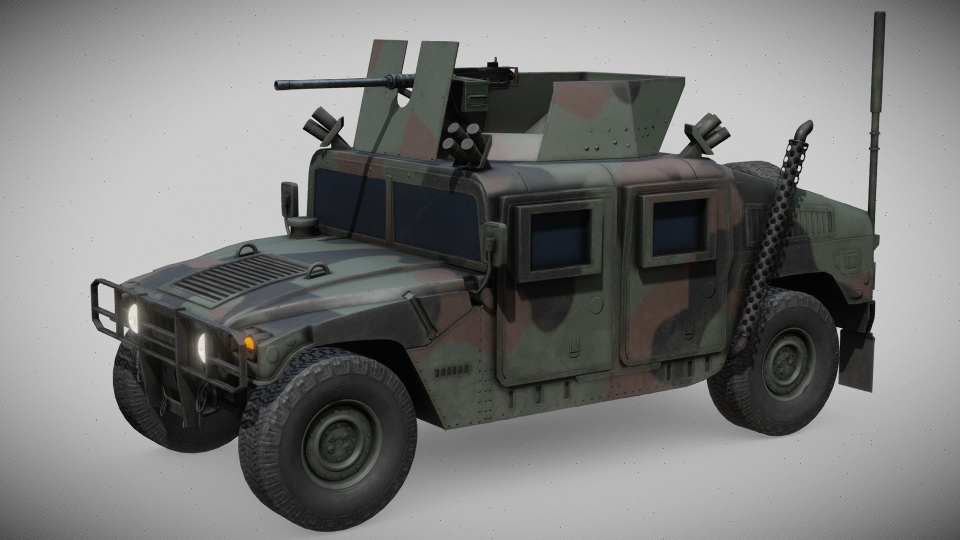 Includes: Desert Camo Textures 

The High Mobility Multipurpose Wheeled Vehicle (HMMWV; colloquial: Humvee) is a family of light, four-wheel drive, military trucks and utility vehicles.
 
Primarily used by the United States military, it is also used by numerous other countries and organizations and even in civilian adaptations. The Humvee saw widespread use in the Gulf War of 1991. 
 
The vehicle's original unarmored design was later seen to be inadequate, and was found to be particularly vulnerable to improvised explosive devices in the Iraq War. The U.S. hastily up-armored select models and replaced front-line units with the MRAP. The U.S. military sought to replace the vehicle in front-line service under the Joint Light Tactical Vehicle (JLTV) program 3d model