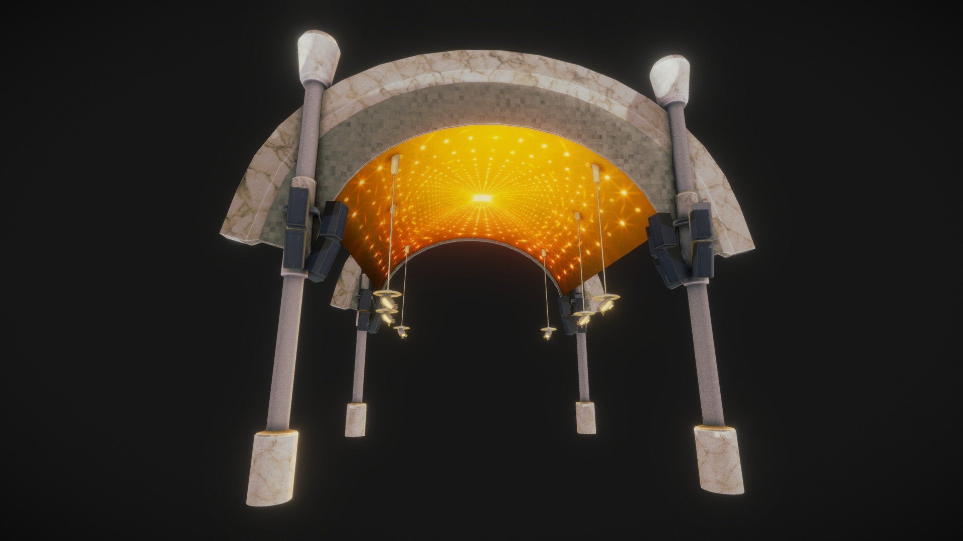 The Game | 

ForeVR Darts is the second flagship game by ForeVR Games Studio released for the VR Oculus Quest Community.  I had the opportunity to be a part of the great development team creating this fun &amp; engaging VR game for Quest-2 from conception to its fruition.  My contribution was to co-design, create, and implement every aspect of the pipeline process.  Starting from initial design &amp; concepting phase, greyboxing, modeling, texturing, scene lighting and finally testing, optimizing, and implementing.  I created 2 of the 3 main hall environment scenes; namely the UK Punk Pub Hall and the Viva Las Vegas Hall.  

Arena Stage Arch | 

This is part of the focal point set above and around the arena stage where players spawns and play the game.  Above the player POV has an overarching overhead projection screen with speakers on all corners to create an atmosphere of excitement, importance, and a Vegas street vibe akin to that of the famous Vegas Freemont Street 3d model