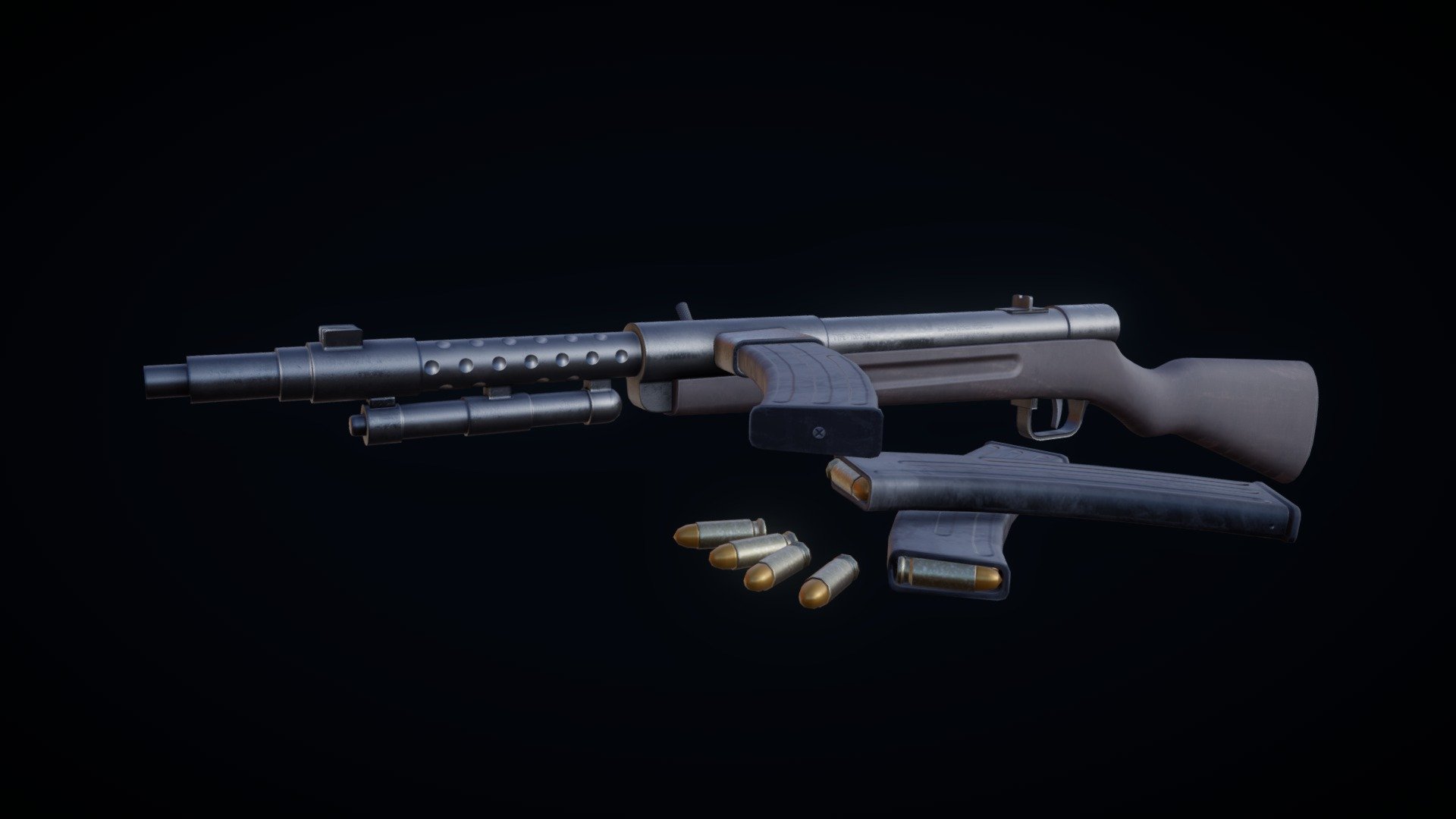 The Type 100 submachine gun (一〇〇式機関短銃, Hyaku-shiki kikan-tanjū) was a Japanese submachine gun used during World War II and the only submachine gun produced by Japan in any quantity.

Genral Information:
Mass : 3.7 kilograms
Rate of fire : 
Type : SMG
Muzzle velocity 335 m/s
Effective firing range  100–150 m - Type 100 - 3D model by Black Arms (@ncode500230) 3d model