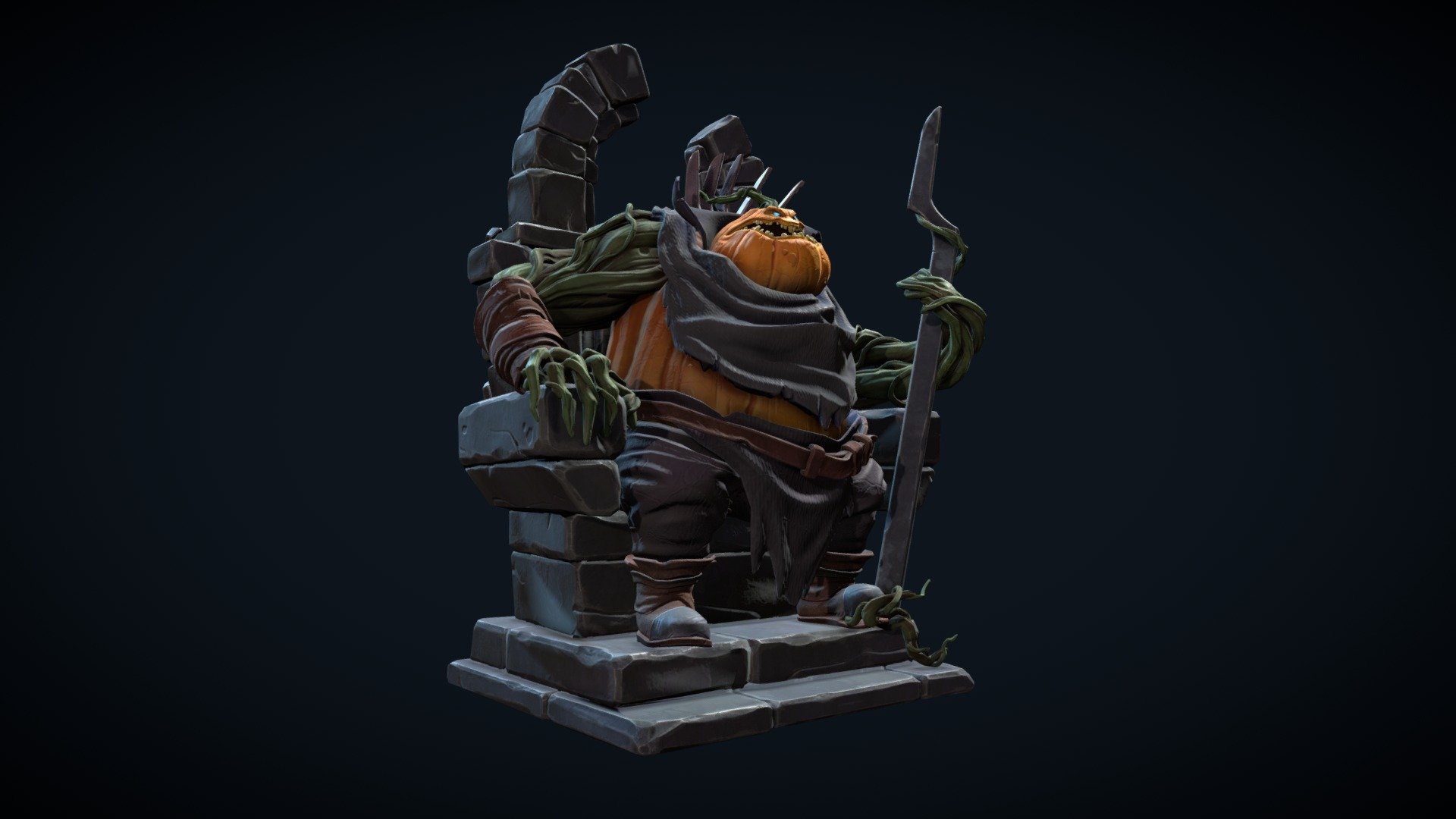 3D character based on my 2D concept art.
High poly model: Zbrush
Retopo, UVS: 3DsMax
Textures: Substance Painter
Rigging, skinning and posing: Blender - Pumpkinking - 3D model by Julian_Lawrenz 3d model