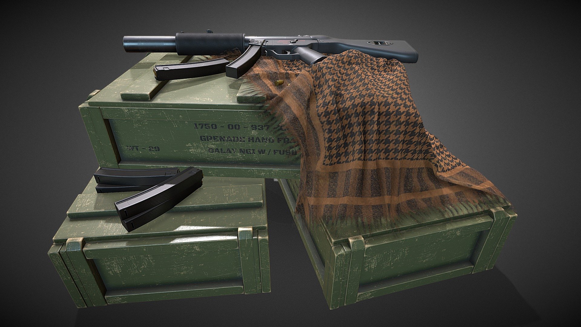 This is the MP5SD weapon model + ammobox + shemagh.
The machinegun itself is 55,000 triangles, suitable for sub di. 4k textures. Substains paint texturing. 
UV automatic.
Three UV sets - MP5SD, Boxes, Shemagh 4k:
Base color (+Alfa for shemagh),
Roughness,
Mettalnes,
Normal,
Heigh,
AO.

More renders on artstation, if you want - https://www.artstation.com/artwork/GaAeR3 - MP5SD_AmmoBoxes_Shemagh - 3D model by MilovanovV 3d model