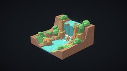 Waterfall river, diorama, waterfall, lowpoly