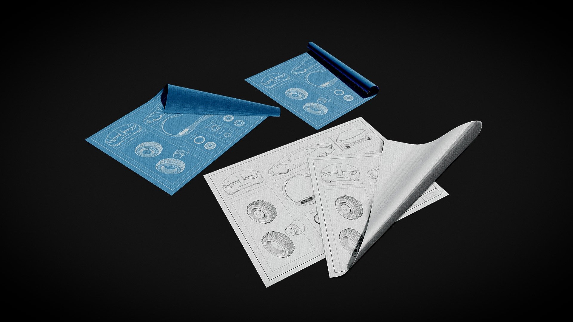 Some types of blueprint-papers. UVs are ready, just replace your images with the placeholder textures.

The current placeholder textures are the blueprints of one of my designs. You can use it in your non-commercial project 3d model