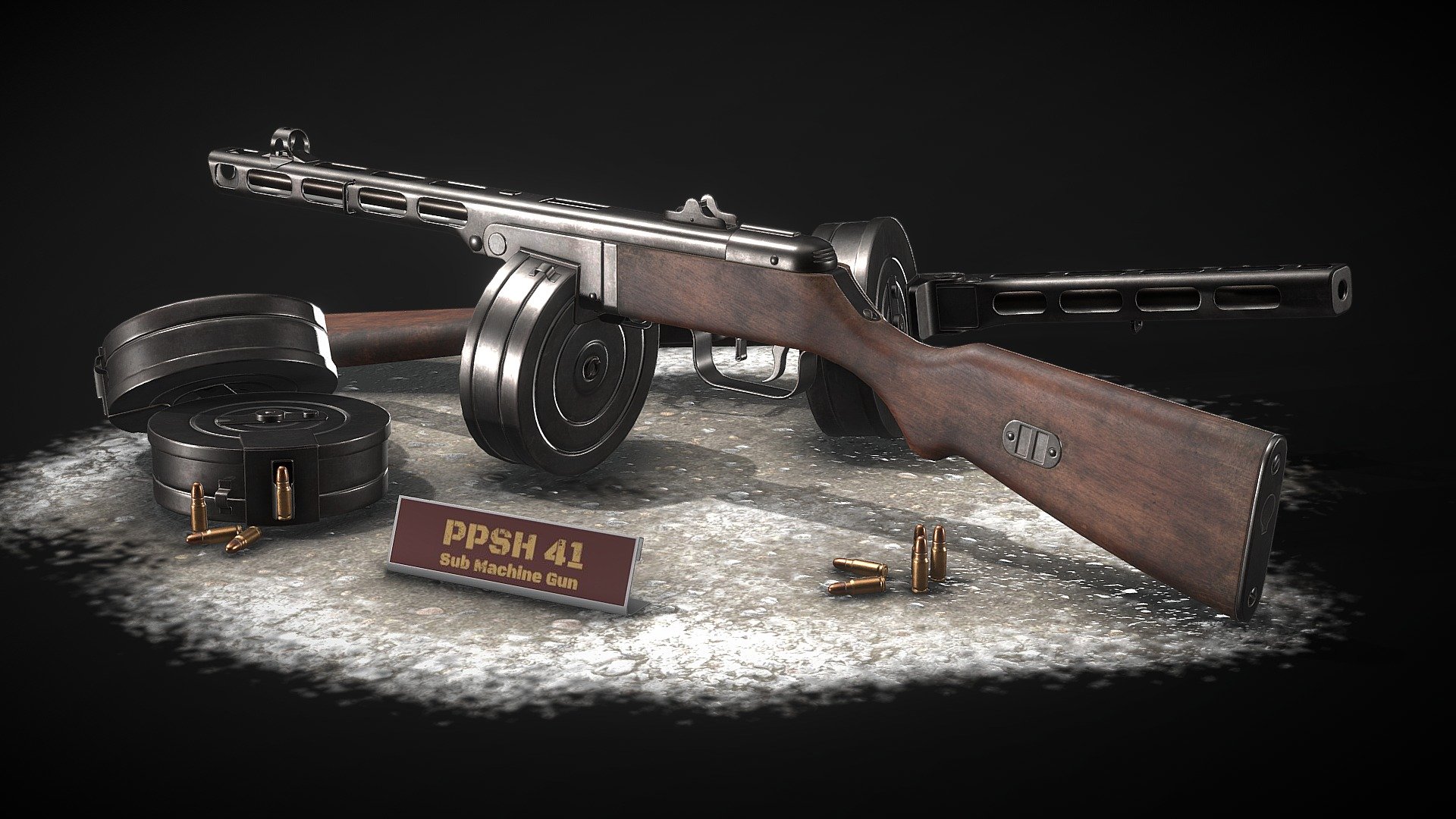 render : https://www.artstation.com/artwork/xJNJ0W

Model information :




available format : FBX, obj , and blend

Blend format already rigged

FBX and obj already in separated part for rigging

dimension (16cm X 84,9 cm x 21,3cm)

geometry (5605 verts, 10252 tris)

texture in png format

texture size: 4096x4096

Overlapping/mirror: some part

pbr base(metal), cryengine, unreal engine, and unity texture in texture file /folder

Cryengine,unreal, and unity texture in texture.rar are packed texture for reducing memories in game engine.if you confuse how to use them, just use the pbr base (metal) texture in texture.rar file/folder 

you can ask me for product support if you have issue with model, some texture change, question, or anything

TIP :

The model may appear more shiny in some render engine, tweak the roughness map for fix it. For best result set roughness to noncolourdata /uncheck Srgb in your render engine or increase the roughness by multiply it by 1,5 to 2 - PPSH 41 Sub Machine Gun - Buy Royalty Free 3D model by Michael Karel (@michaelkarel) 3d model