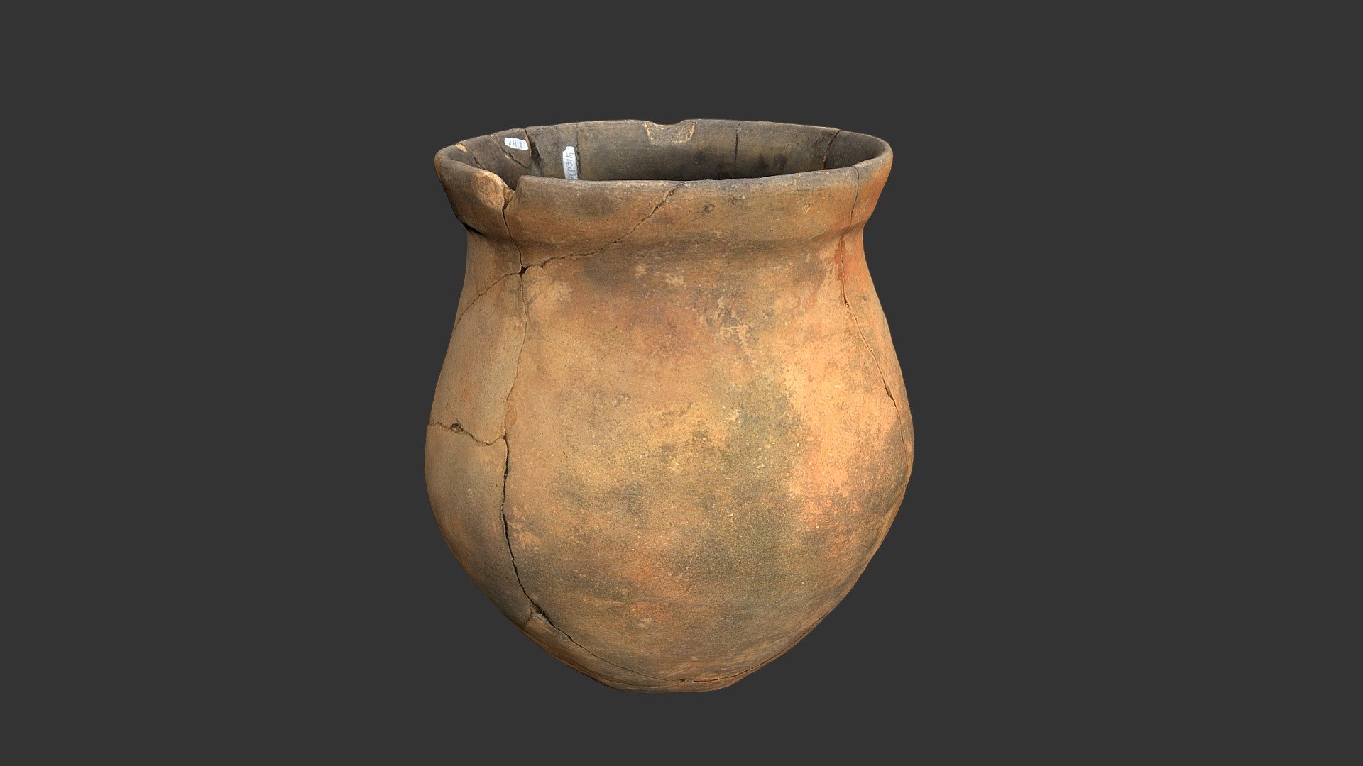 Catawba earthenware Jar

Location: Ayers Town (38Yk534), York County, South Carolina.

Period: Historic (1780-1800).

Material: ceramic.

Dimensions: height, 17.5 cm; diameter, 13 cm.

Notes: Catalog no. 2554p3119.  Vessel 47.  Recovered during excavations at the historic Catawba site of Ayers Town.  Research Laboratories of Archaeology, University of North Carolina at Chapel Hill.  Model by David Cranford 3d model