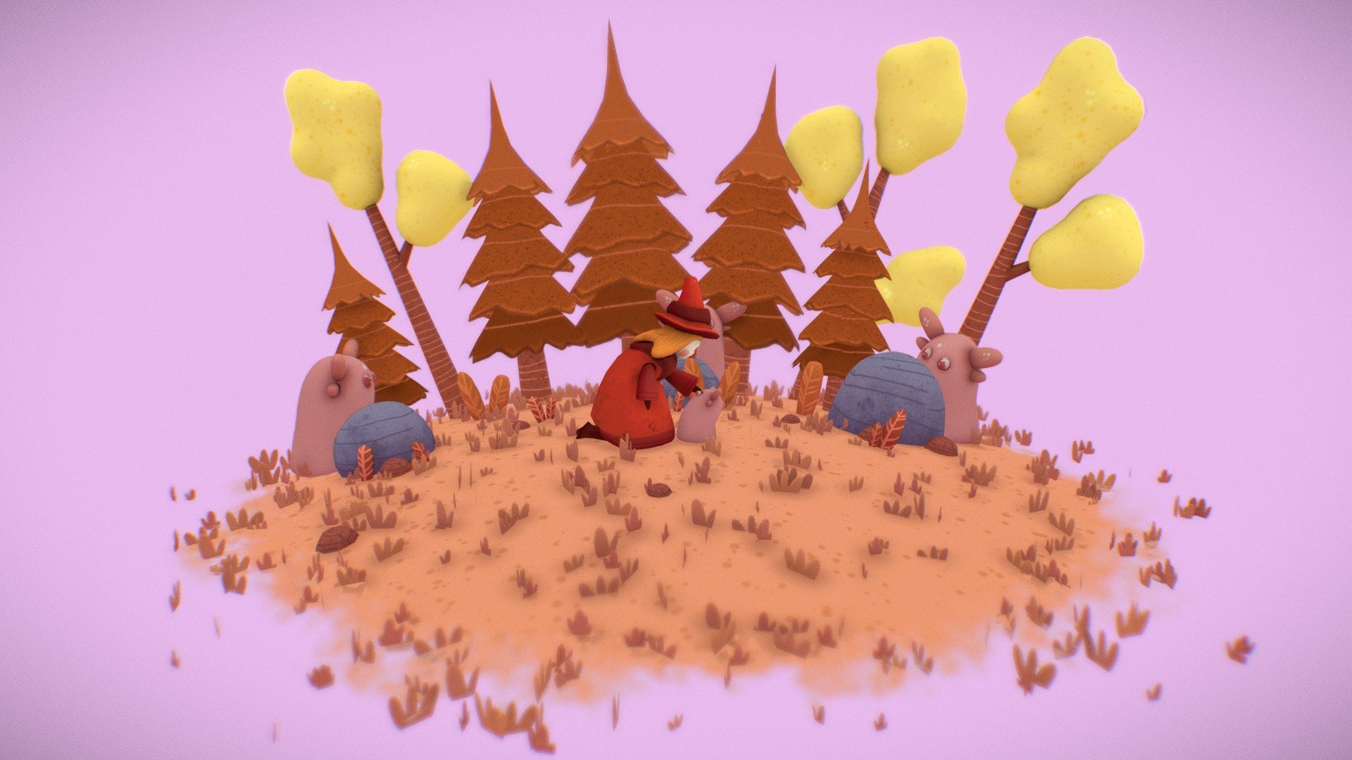 In the depths of the wood a child in a red hood found a mysterious pink creatures. 

Hi there =) This is my entry for sketchfab #StorybookChallange . Before hearding this challange I always wanted to learn hand painted or atleast wanted to make a handpainted 3d model but I could find any avaliable moment until this challange. I decided to join it. It was a really though challange at the begining you know in books everything is 2d and it was really hard to convert that things to 3d. In the end I am really happy about conclusion I learned lots of new things about animation and hand painting in this challange I am planning to make much more model like this in future =).

Original Concept Art = https://www.artstation.com/artwork/48a8mn https://www.artstation.com/saracast https://www.saracastik.com/ Pls follow her she is so talented =) 3d model