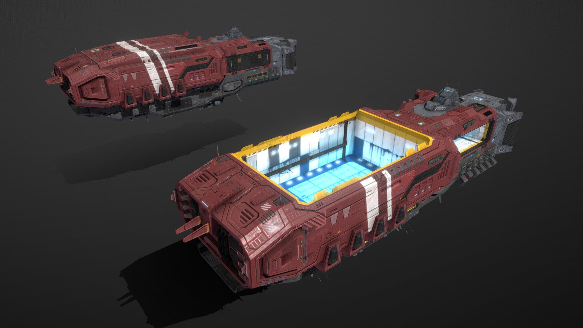 This is a model of a low-poly and game-ready scifi mobile shipyard. 

The subsystems are separate meshes and can be changed.

The model comes with several differently colored texture sets. The PSD file with intact layers is included.

Please note: The textures in the Sketchfab viewer have a reduced resolution to improve Sketchfab loading speed.

If you have bought this model please make sure to download the “additional file”.  It contains FBX and OBJ meshes, full resolution textures and the source PSDs with intact layers. The meshes are separate 3d model