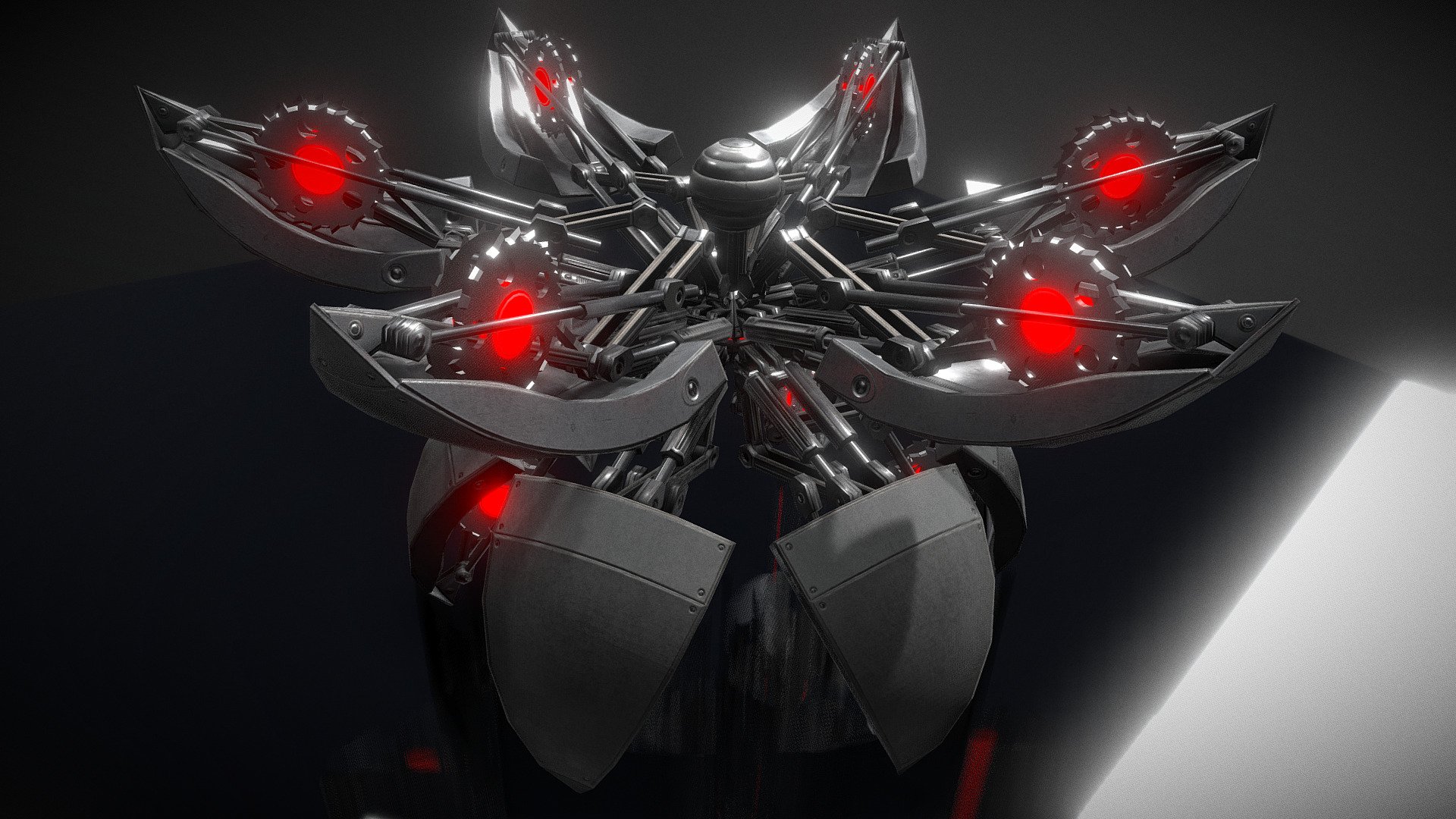 And here is another version of my Sphere Bot Design.
I added some futuristic sawblades for every leg.  





Modeled, rigged and animated in  Blender 2.79 for the textures I used 3d-coat.

Animations in scene:





Rolling




Opening / Idle




Walk




Run




Attack




Run attack




Jump/ Fly


 - Hydraulic Sphere Bot - Sawblade Version - 3D model by 3DHaupt (@dennish2010) 3d model