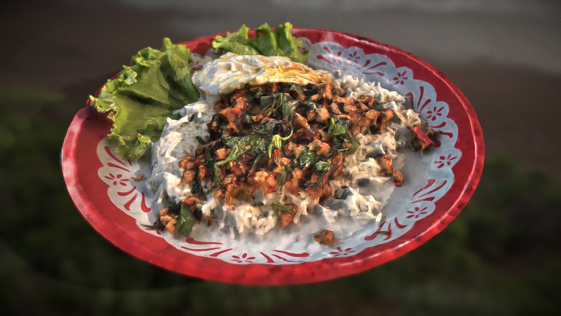 101-FB- Pork Thai Basil With Fried Egg 
Once upon a time in a bustling Thai street food market, a plate of Pork Thai Basil with a perfectly fried egg sat on a vendor's stall. The Pork looked at the egg and said, &ldquo;You know, you're really cracking me up!