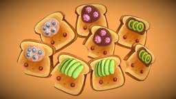 Cute Toasts fruit, cute, assets, prop, breakfast, raspberry, chocolate, bread, fbx, props, kawaii, toast, avocado, kiwi, blueberry, fruity, supplement, blueberries, asset