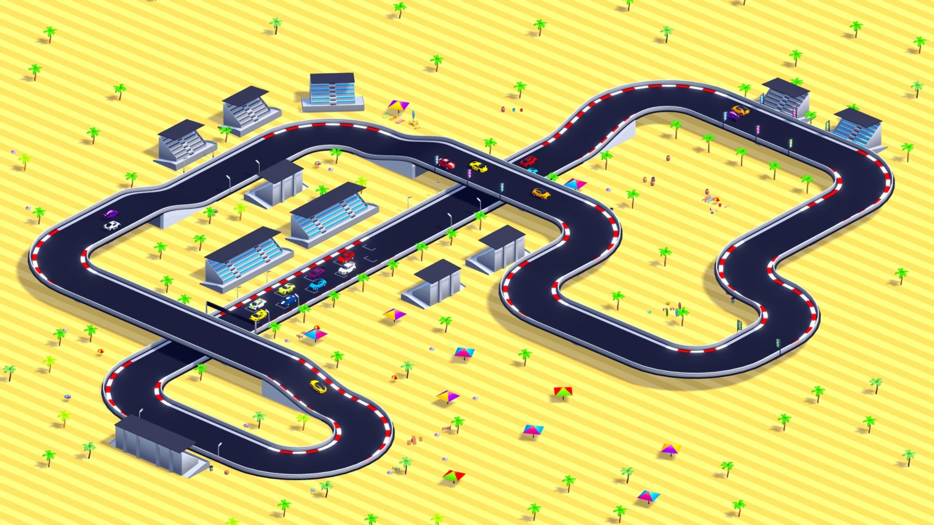 NOTE: If you already have CARS - Cute Racing Kit, please do not buy this because this is a model which is already included in that pack.


RACING VEHICLES (x10).




5 COLORS.

3100 - 3850 triangles per car.

Prefabs included.

2 materials (texture atlas of 512px * 512px).

Cartoon design.

RACING TRACK (x16).




Roads, curves, hills, apex sections and more. 

2 colors.

1 material.

Texture atlas (1024px * 1024px)

TRACK PROPS (x8).




Cones, flags, bleachers and more. 

3 colors (24 variations).

1 material (2 in some models).

Texture atlas (1024px * 1024px)

PROPS: FOREST (x18).




Bushes, trees, flowers, rocks and more. 

3 colors (54 variations).

1 material.

Texture atlas (1024px * 1024px)

PROPS: BEACH (x17).




Palms, umbrellas, towels and more. 

3 colors (51 variations).

1 material.

Texture atlas (1024px * 1024px)
 - CARS - Beach Racing Track - Buy Royalty Free 3D model by SunsetStudio 3d model