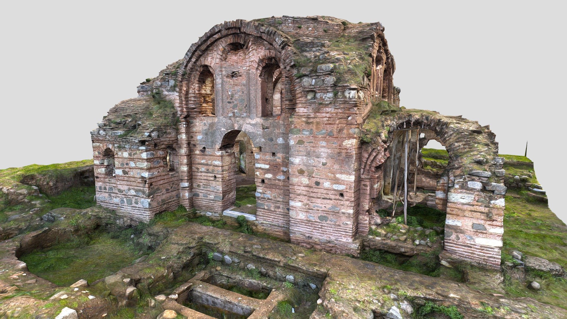 -652 images (Phantom 4 Advanced &amp; Note 8)

The Monastery of St. Aberkios is situated on the seashore a short distance east of the village of Elegmi (modern Kurşunlu) on the Bithynian coast on the Propontis (the Sea of Marmara). It is possibly identified with the Monastery of the Theotokos of Elegmi, which was restored by Nikephoros Mystikos under Manuel I. Its typikon, dating to 1162, is preserved in the Monastery of St. John the Theologian in Patmos.
It is nearly complete except for the loss of its central dome. This is a single-nave building which was covered with a dome 5 meters in diameter carried on pendentives 3d model
