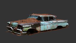 No Smoking Car green, abandoned, sedan, rusty, damaged, weird, destroyed, teal, 1950s, overgrown, retrofuturistic, sci-fi, car