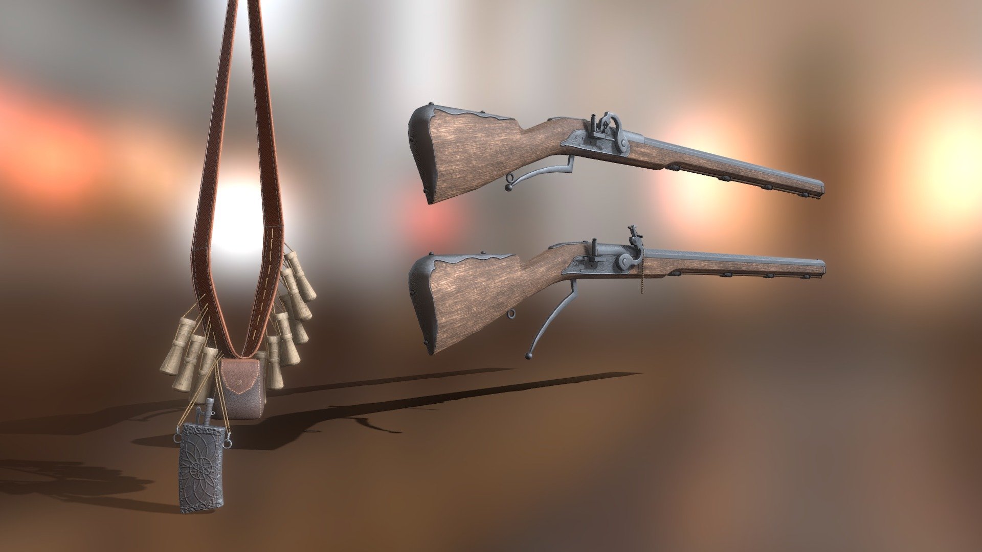 A musket is a long gun that appeared in the 16th century and was the most used defensive weapon in a fortress such as Fort Lillo.  The walls of a West European fortress were designed for musket fire. During the 17th century, muskets used matchlock ignition (gunpowder was ignited by a slow-burning piece of cord). Only around 1700, they are replaced by flintlock muskets.  A bandolier contained a small poach for bullets, several wooden tubes with the right amount of gunpowder and a metal flask with ignition powder. A soldier using a musket was called a musketeer.

 - Matchlock muskets and bandolier - 3D model by visualdimension 3d model