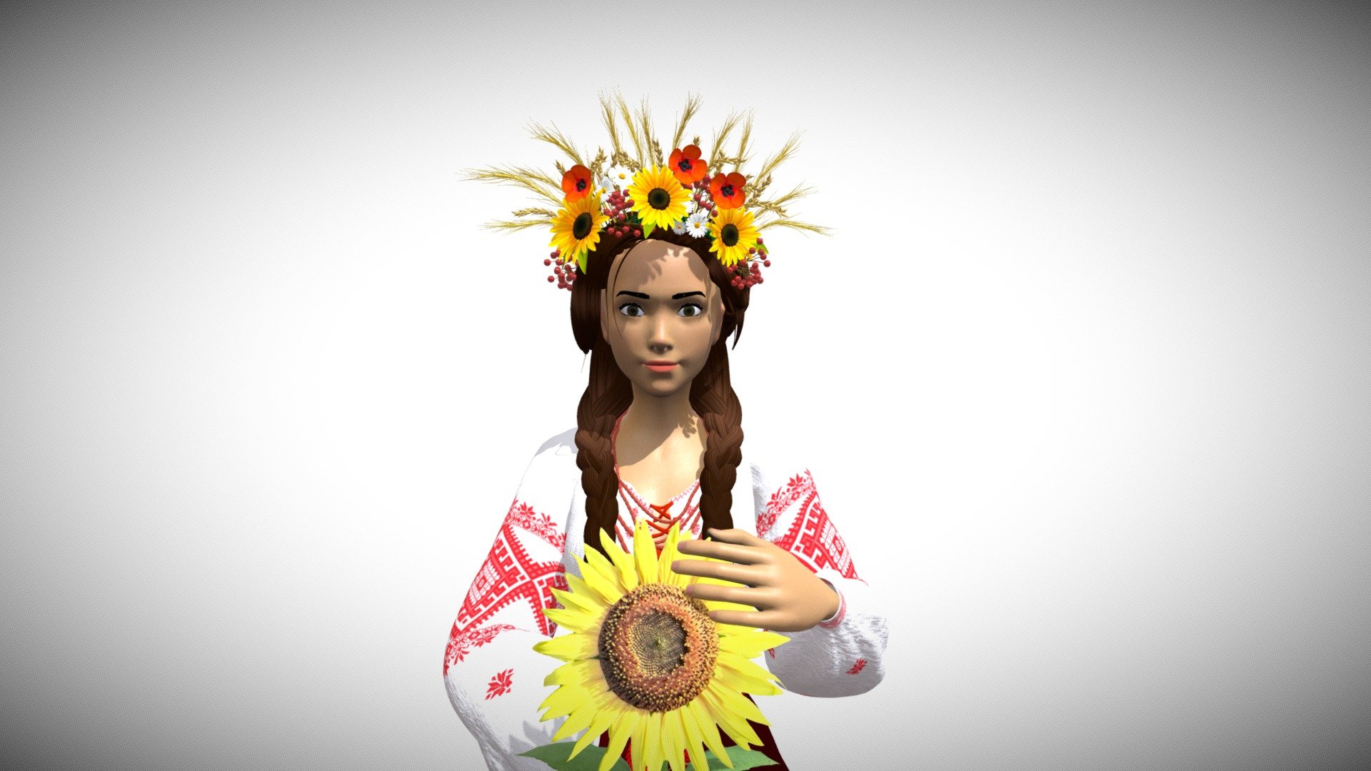 Pretty ukrainian girl in national clothes.

Model :




Model was created in Blender 

All objects, textures and matarials have appropriate name

Textures were procedurally generated and baked using Blender

Rigging present

Textures:

Body 20482048 png file.
Eyelashes and eyebrows 10241024 png file.
Hair 10241024 png file
Clothes texture made in 2 resolutions - 20482048 and 40964096 png files
Wreath 20482048 png file
Eyes textures 1024*1024 png file.

If you have any questions, please contact me 3d model