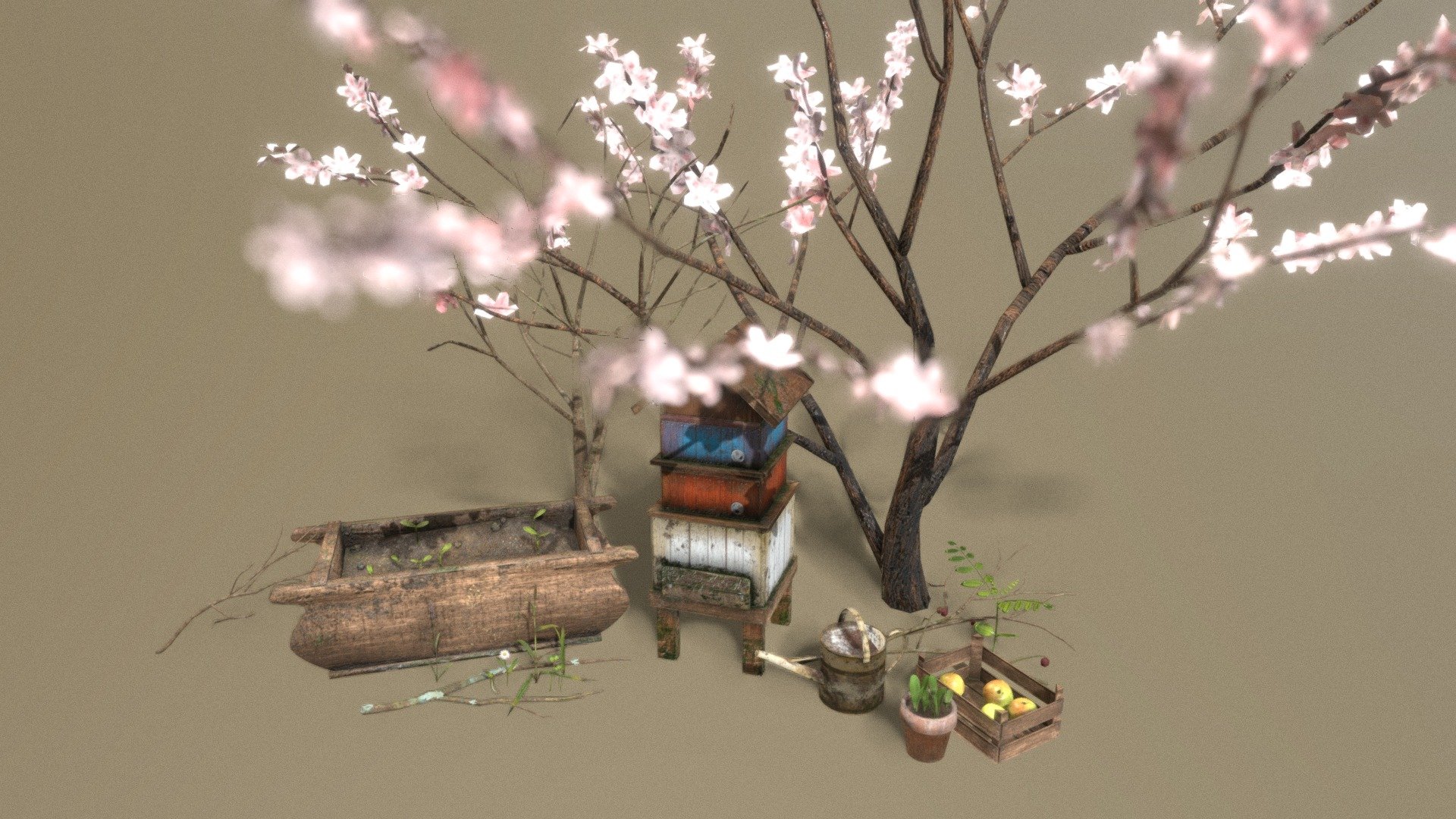 Spring gardening asset pack with a beehive, sakura tree, old wooden washtub, watering can, crate with apples, potted lettuce, flowers, sprouts, grass, and some branches 3d model