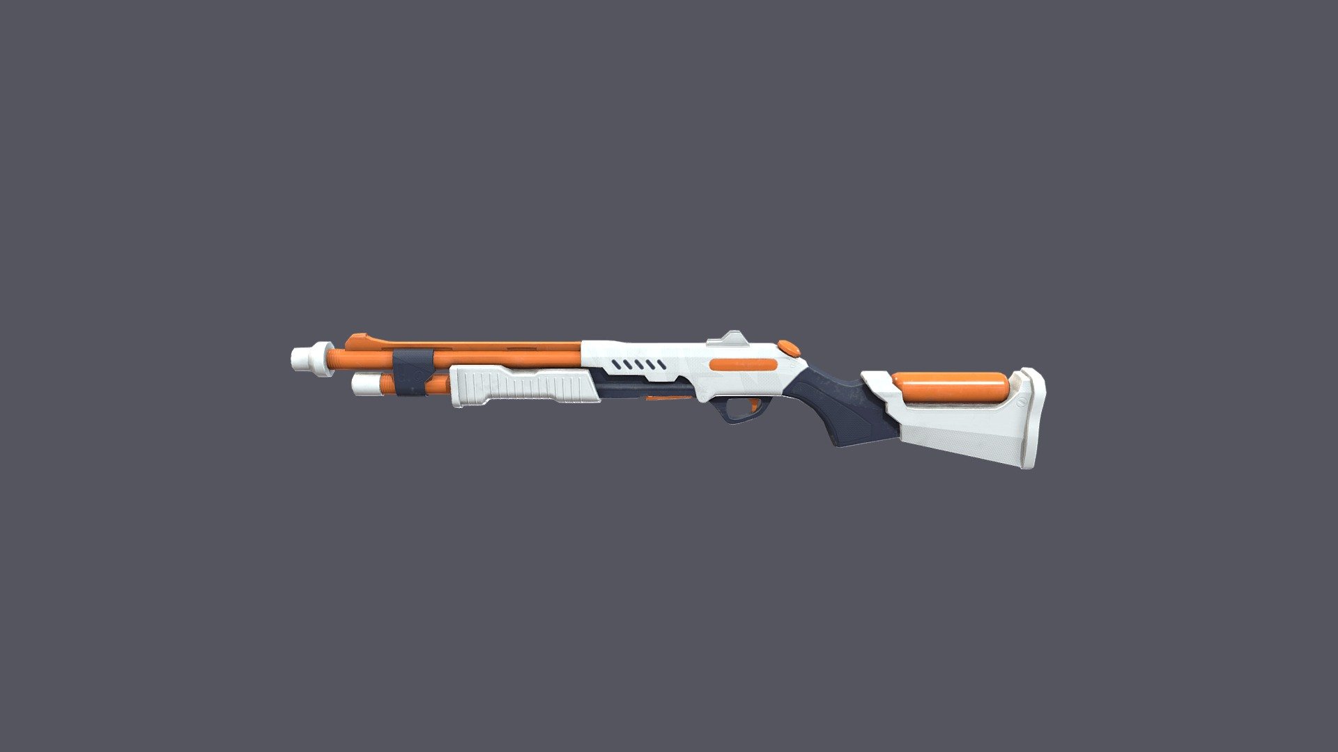 This is a Bucky skin concept for the newly opened Riot game (that is in closed beta) Valorant. This skin keeps the placement of the foregrip, handle, sights, trigger, stock, barrels, and reloading mechanism. This is so there are less steps to put the gun into the game as they would not need new animations. The gun is created with Nerf Super Soakers white, blue, and orange color scheme. The textures and bakes are done in Substance painter 3d model