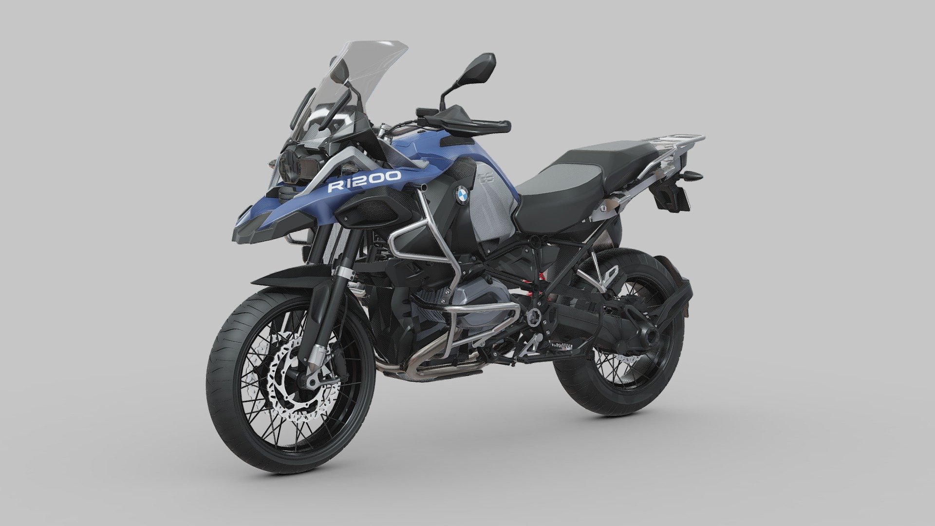 The BMW R1200GS is an iconic adventure touring motorcycle that has set the standard for versatility and performance in the adventure bike category. Launched by the German manufacturer BMW Motorrad, the R1200GS boasts a powerful 1,170cc air-cooled, horizontally opposed twin-cylinder engine that delivers a perfect balance of smooth power delivery and robust torque. Known for its exceptional off-road capabilities and comfortable long-distance touring, the R1200GS features advanced technology such as BMW's innovative Telelever front suspension and Paralever rear suspension. The motorcycle also comes equipped with a host of electronic aids, including ABS brakes, traction control, and multiple riding modes, ensuring a customizable and safe riding experience. Whether navigating through city streets, tackling dirt trails, or cruising on the highway, the BMW R1200GS stands out as a versatile and reliable companion for riders seeking a motorcycle that seamlessly blends adventure and touring capabilities 3d model