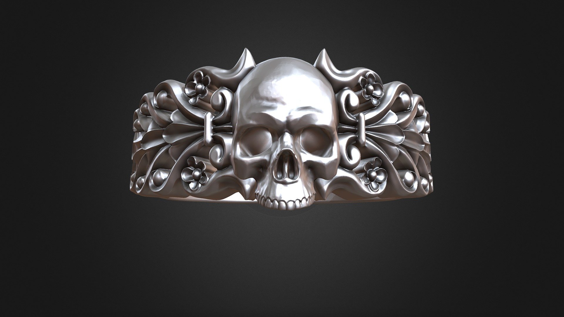 Dimensions:

US Sizes:6/7/8/9/10/11/12/13

upper width - 11,35mm

lower width - 5mm

upper thickness -4,7mm

lower thickness - 1,51mm

Approx. Weight for size 10:

sterling silver 925 - 8g

14 k gold (585) - 13g

Volume for size 10:

830,599mm³

Gems:

no gems

3dm file includes no NURBS (no rhino surfaces)

by purchase you get the right to use all images aswell - Skull ring baroque floral scrolls - Buy Royalty Free 3D model by jewelmodel.net (@jewelmodel) 3d model