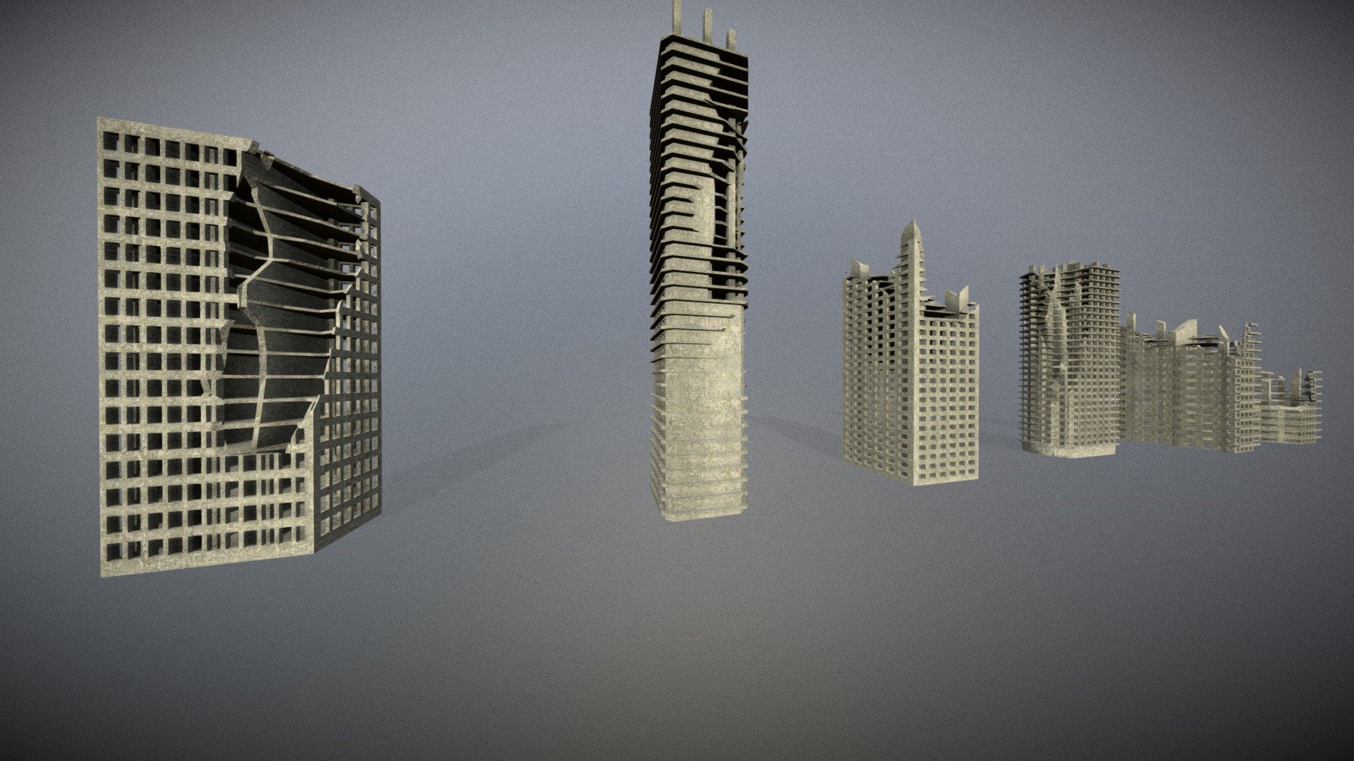 A set of post apocalyptic broken buildings.
I recently made some these models for a scene and I thought I could put them up for download so here you go.
these are made for background stuff and/or foggy scenes because they aren't that detailed.

One or more textures on this 3D model have been created with photographs from Textures.com. These photographs may not be redistributed by default; please visit www.textures.com for more information 3d model