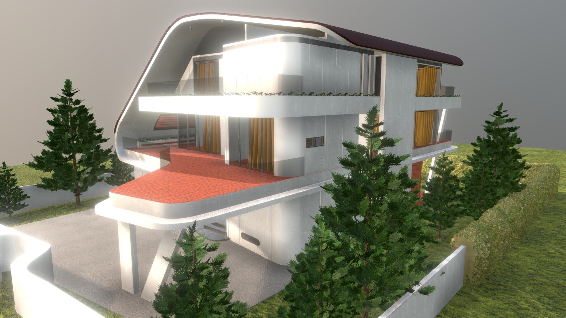 A futuristic house I modeled in 2014. I really like the curvelinear lines of this kind of arcutecture. It took me 22 hours to build 3d model