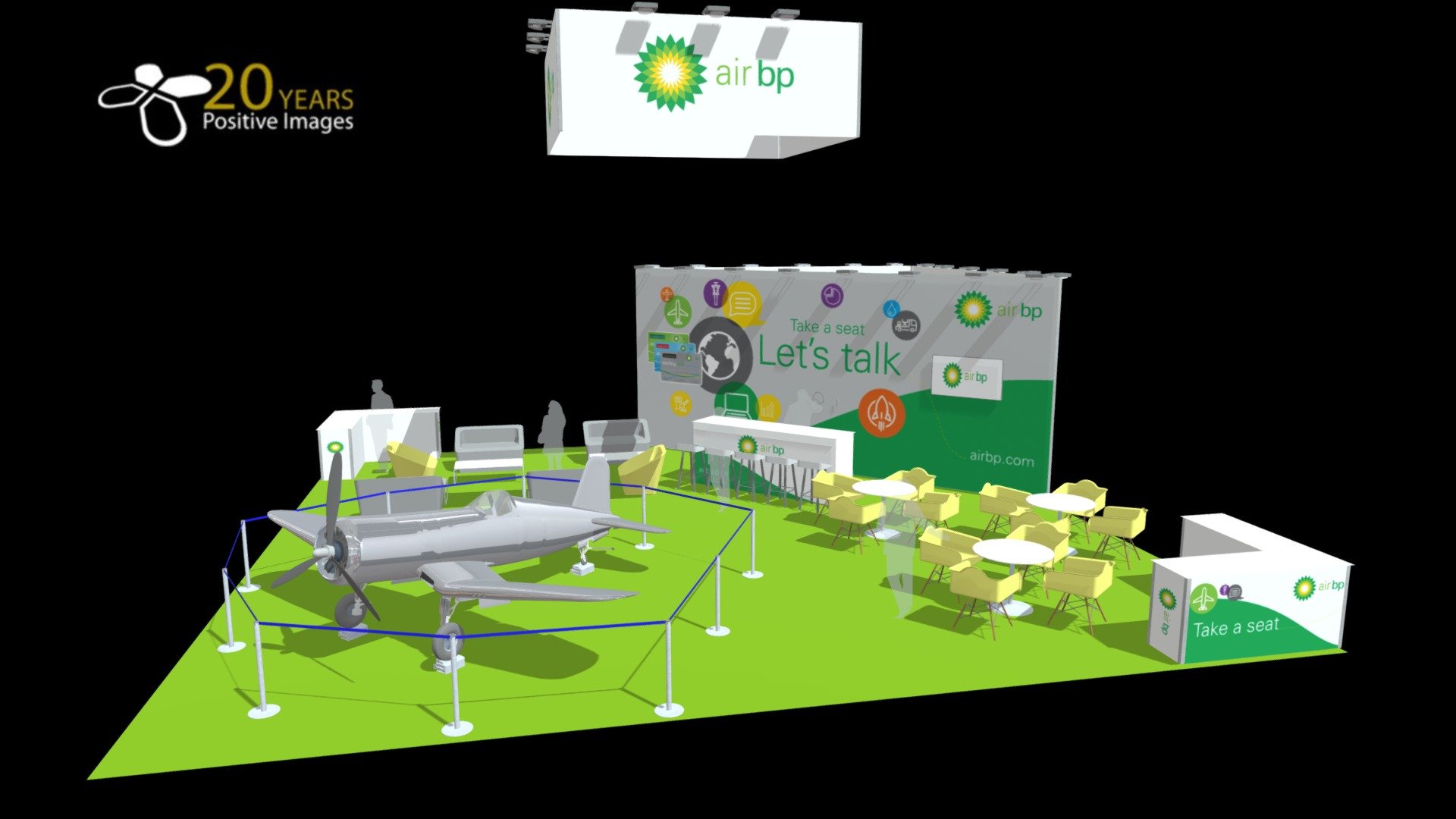Air BP trade show stand featuring corsair plane, seating, hanging banners, 60