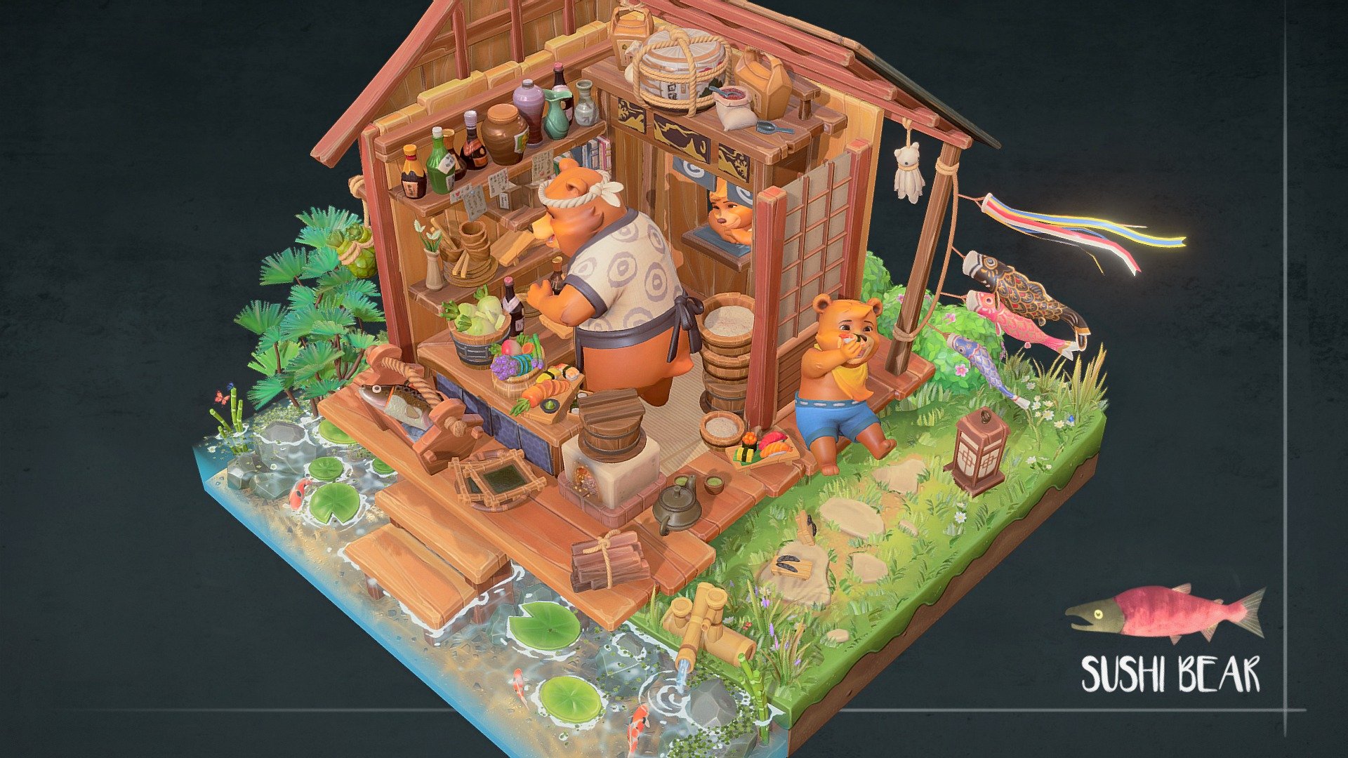 Cozy little cottage restaurant owned by Chef Papa bear and kids.

Several years passed with the same ol' new year resolution - to complete this project. Thank you, Debbie. Your concept art has been inspiring, leading me to bring it to life in 3D! So here I am today to close this chapter and I look forward to moving on to the next new thing :)

Hope you guys enjoy it as much as I did!

Model and textures : Shannon Lau

Concept : Debbie Yeo - Sushi Bear - Diorama - 3D model by Shannon Lau (@shannon) 3d model