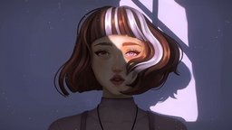 Stargazing through the attic window ☆ hair, sculpt, autodesk, cute, handpaint, stars, cosy, aesthetic, attic, substance, maya, character, zbrush, stylized, noai