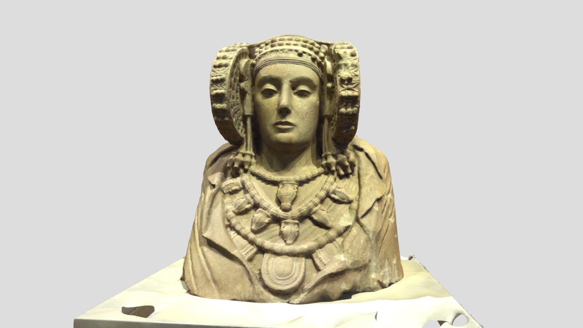 La Dama de Elche es una escultura íbera realizada en piedra caliza entre los siglos v y IV a. C.. Se trata de un busto que representa una dama, ricamente ataviada, cuyo rostro muestra unas facciones muy perfectas. Actualmente se encuentra e nel  Museo Arqueológico Nacional de España, en Madrid. El modelo lo obtuve a partir de 57 fotos de mi  cámara Sony TX10,  en un día de visita con público. https://rtm.es/dama-de-elche/ - Dama Elche por Miguel Angel Hacar - 3D model by rtmadrid 3d model