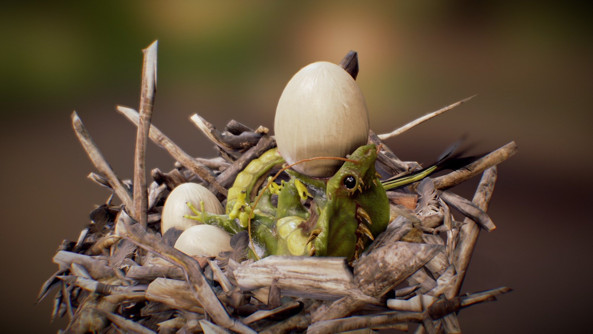The egg eater (lat. Ovum comedenti) is a reptile species living in Equador. This tiny fantasy creature makes itself comfortable in the nests of foraging parents. Evolution has adapted its legs  perfectly to those of the local bird nest robbers. This way it is never suspected unless it's caught in the act.

Check out the animation panel to see the idle and walk animation.
Created in Blender, textured in SubstancePainter 3d model