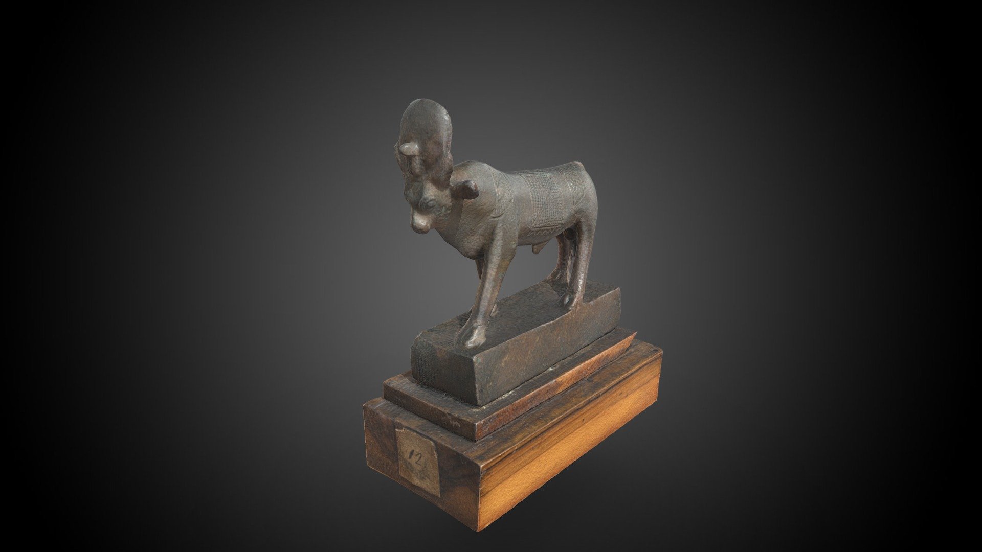 Statuetta del toro Api




Inv. no.: Suppl. 105

Material: Metal / bronze

Dimensions: 7.5 x 2.5 x 7.2 cm

Date: 722–332 BCE

Period: Late Period

Acquisition: Schiaparelli excavations (1903-1906)

https://collezioni.museoegizio.it/en-GB/material/S_105

https://collezioni.museoegizio.it/it-IT/material/S_105 - Statuette of the Apis Bull - 3D model by Museo Egizio (@Museoegizio) 3d model