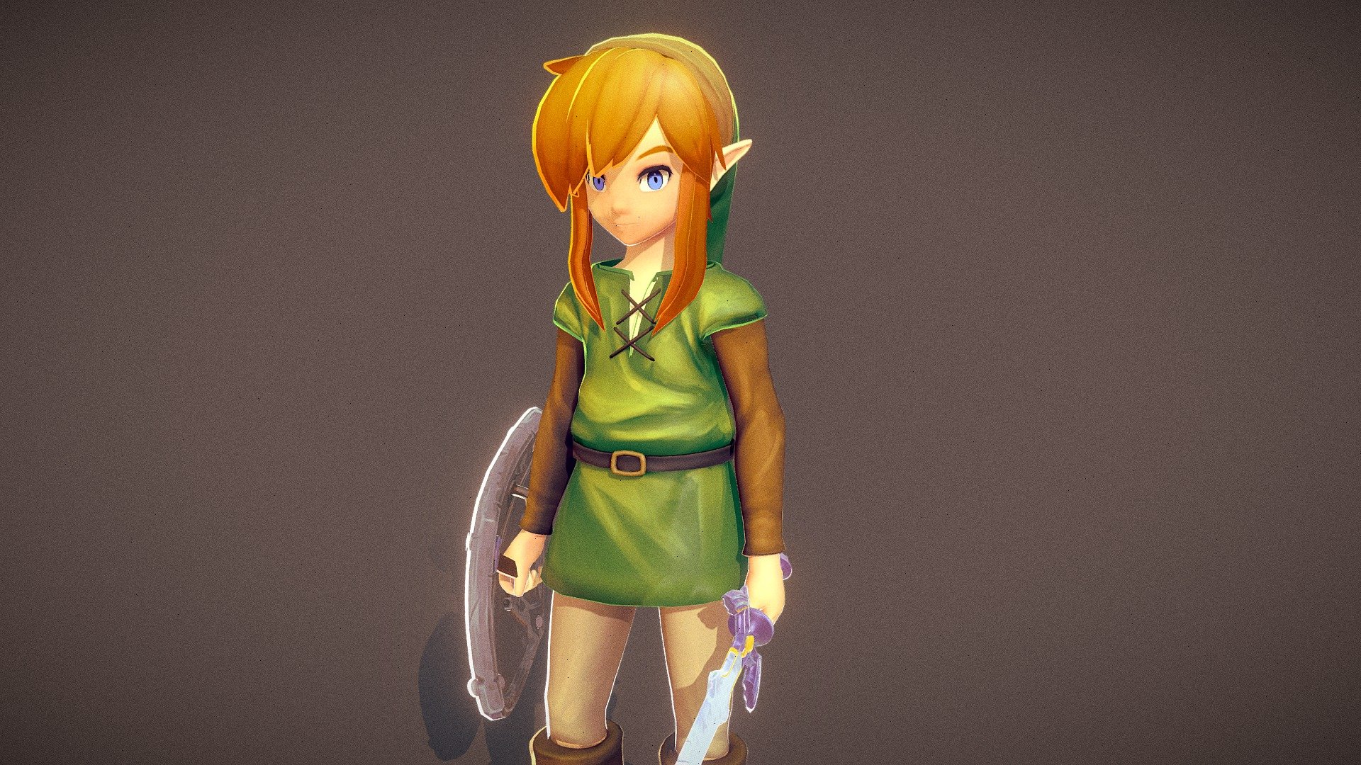 3D model of Link from Zelda Link's Awakening, based on (old school) original artwork.
The textures are hand painted (using BPainter addon on Blender), and I used custom node setup for real time render on EEVEE. More details here: https://www.artstation.com/artwork/mzrNZ9
The sword and shield models are not mine, but from arnaud.sgz - Link's Awakening - 3D model by Shim (@shim80) 3d model