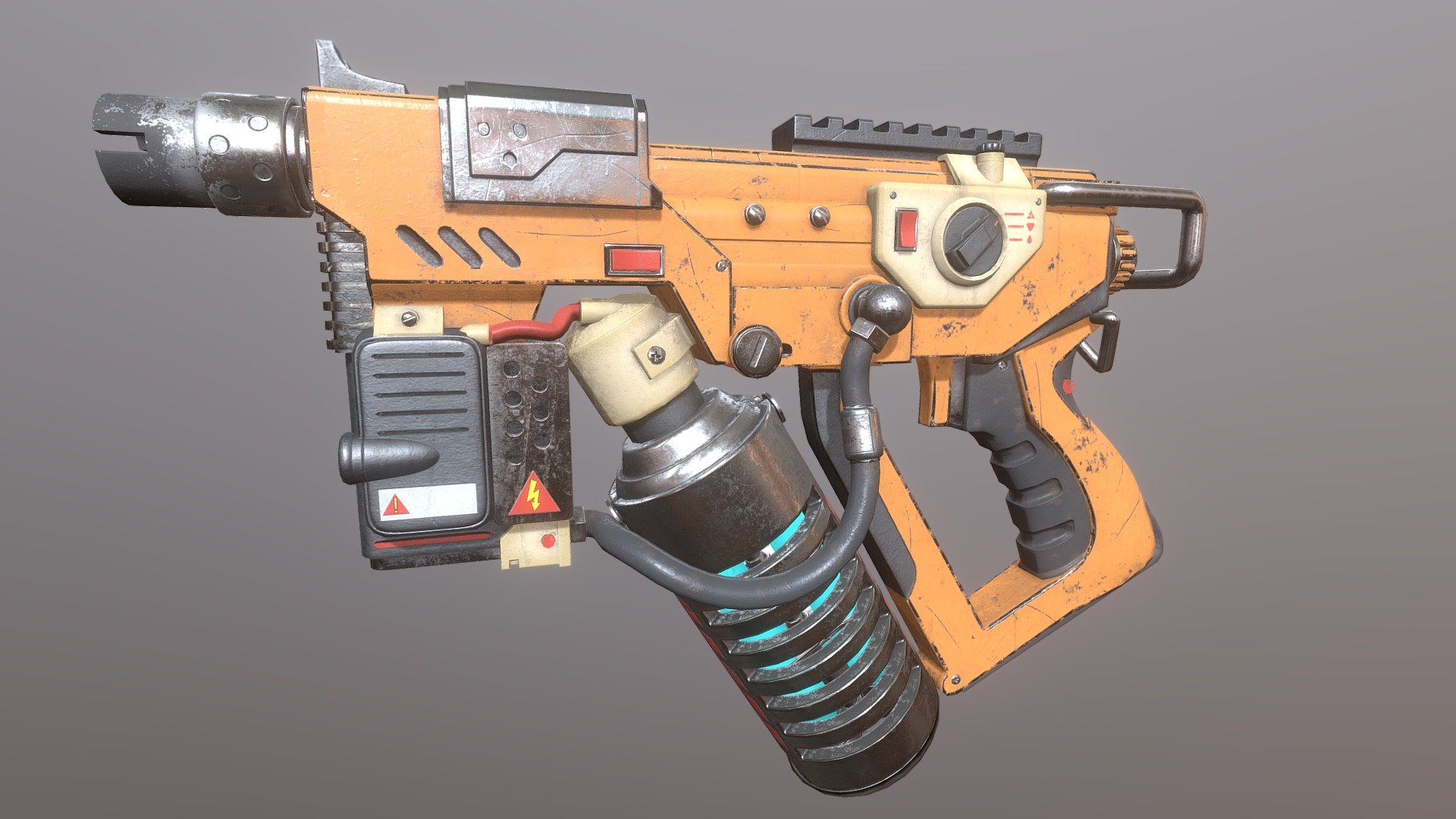 Based upon original 2D concept art by Josh Guglielmo: https://www.artstation.com/artwork/EVP0R4 

This is a practice piece I worked on when following a &lsquo;Sci-fi Weapon Tutorial' by Michael Pavlovich. Most of the high res was done with Zbrush's z-modeler tool. Retopology and UV-unwrapping done in Maya. Textured in Substance Painter with some Photoshop used to correct normal and ambient occlusion map artifacting 3d model