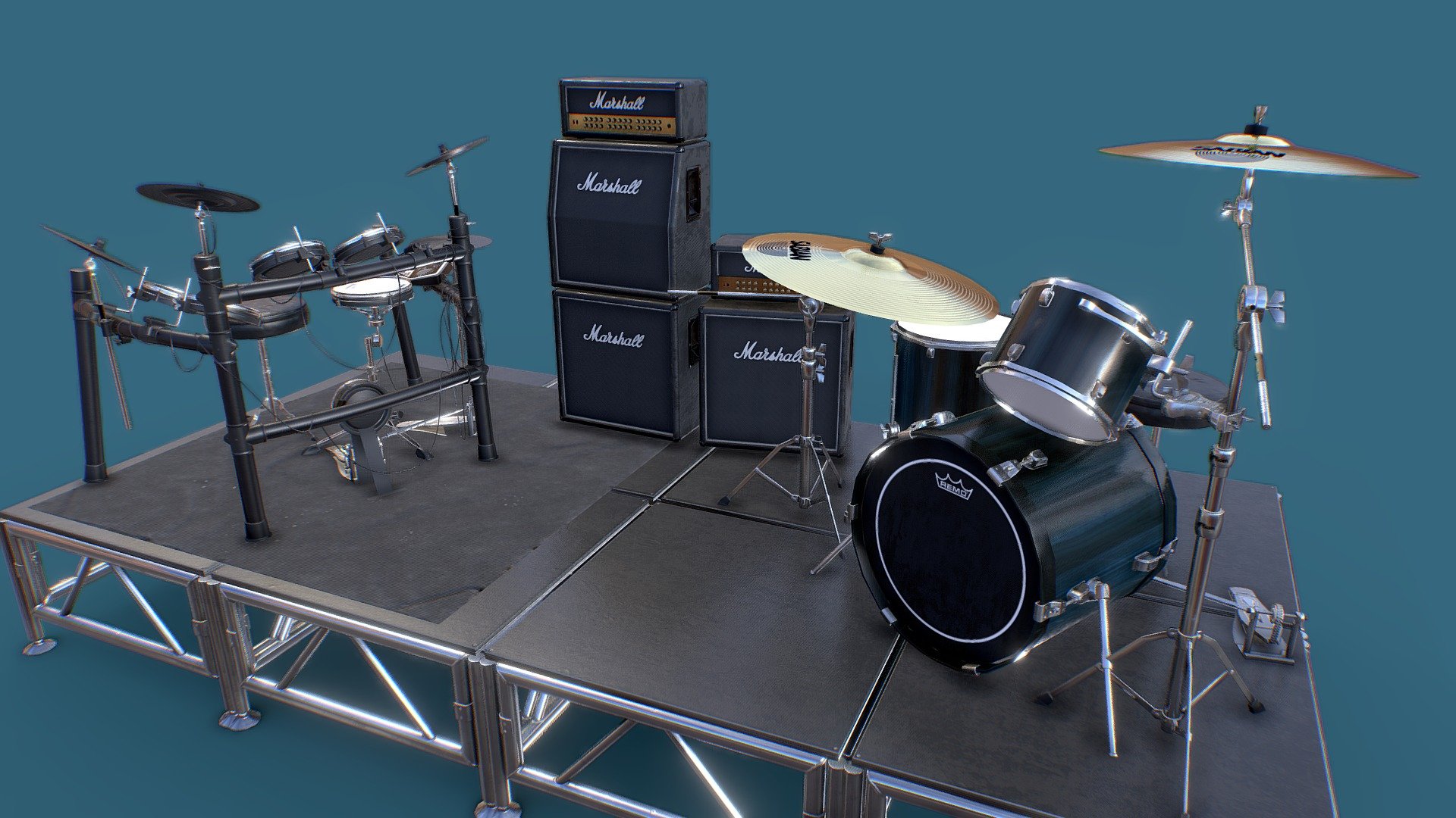 Following on from a few requests by some fellow artists, I have just plucked out a couple kits from my exisiting scenes to be made available for purchase as-they-are. here are some other bits on there for you to use too, such as basic amps and stage pieces.

Best for use as props for set dressing your scenes. Great for non-prominent focus areas.

As seen in:
https://sketchfab.com/3d-models/every-other-gig-ever-d4acca51fa73457eaf56f4cfe2026d83

i hope you enjoy them, and thank you all for your amazing support so far!! - Just a Couple of Drum kits - Buy Royalty Free 3D model by PippyJ 3d model