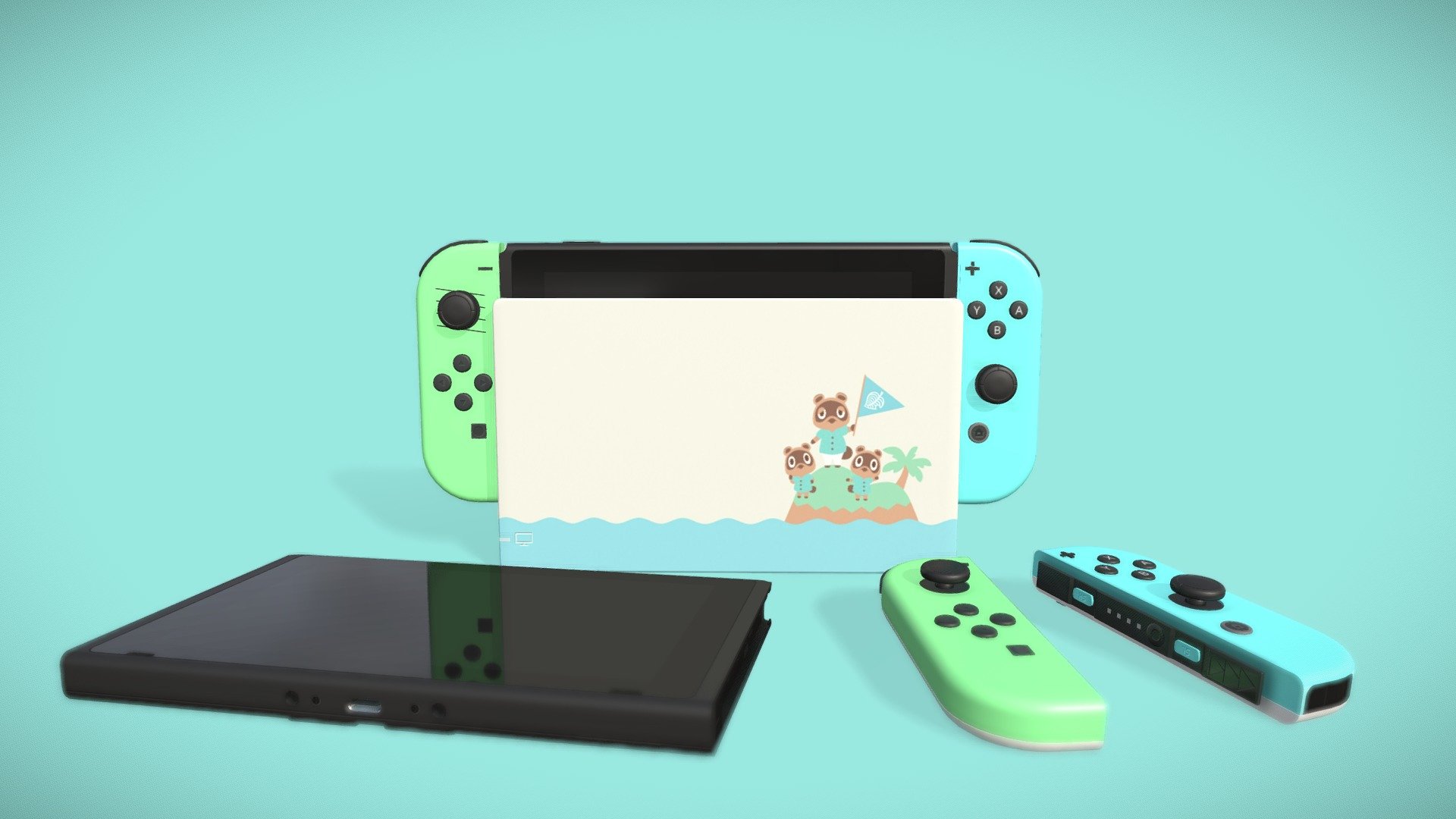 Special Edition Animal Crossing Nintendo Switch with Animal Crossing dock and green and blue Joy-cons Modelled in Blender - Animal Crossing Nintendo Switch - Buy Royalty Free 3D model by Geng4d 3d model