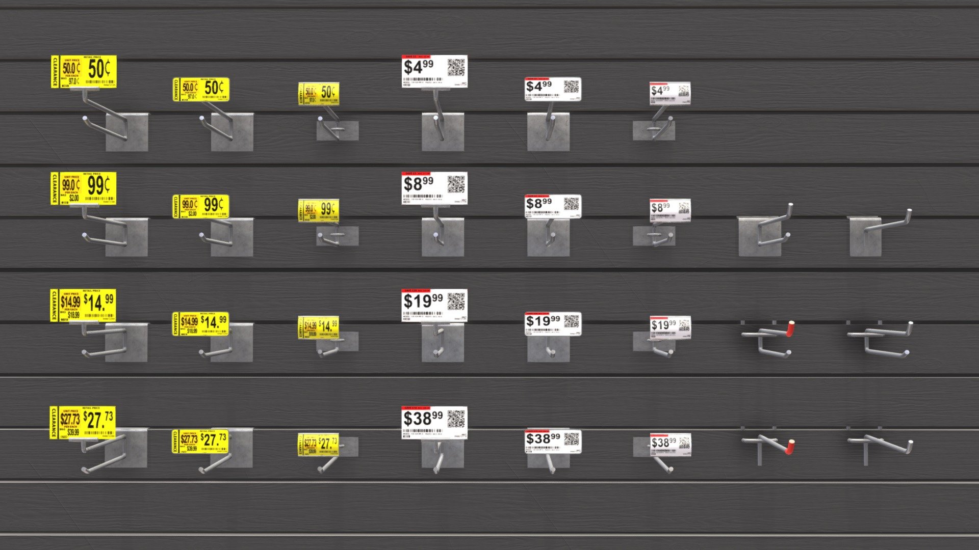 A pack of 30 unique retail display / product hooks.
Perfect for shopping malls, retail stores, grocery stores and more.

Materials included.
8 Unique non branded price tags with various prices and specials 3d model