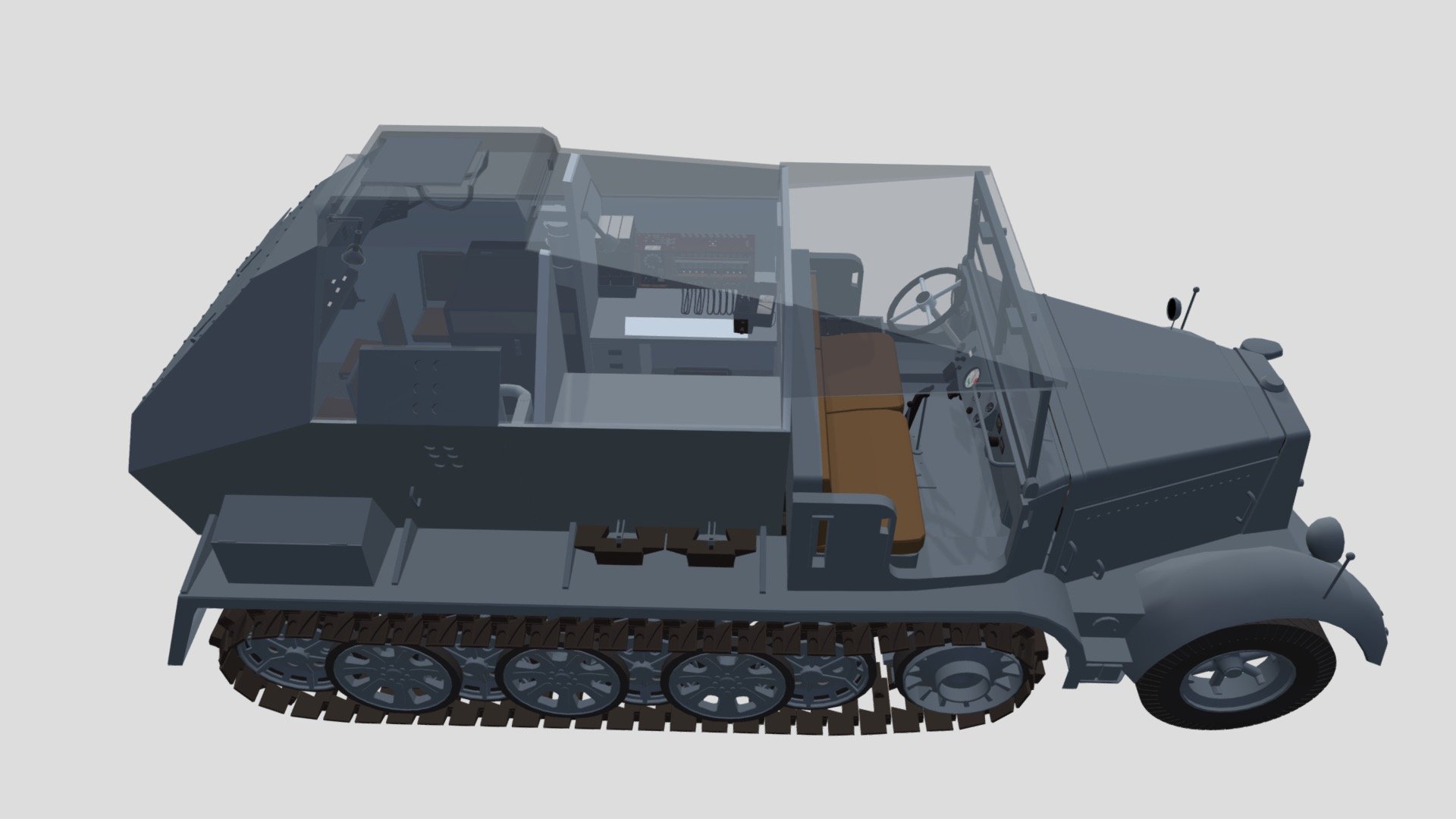 Zugkraftwagen 8t - Sonder Kraftfahrzeug – Special Motorvehicle (Sd.Kfz.7/3) half-tracked prime-mover, powered by the Maybach HL62TUK, was converted to control post vehicles for rocket launching units.

二戰德國 V2長程彈道飛彈發射管制車，為V2火箭的支援車輛之一。發射面板及車內畫框內的照片資料不足，均為暫代資料請見諒。 - Sd.Kfz. 7/3 Feuerleitpanzer ( interior ) - 3D model by Basic Hsu (@Hsu.Pei.Ge) 3d model