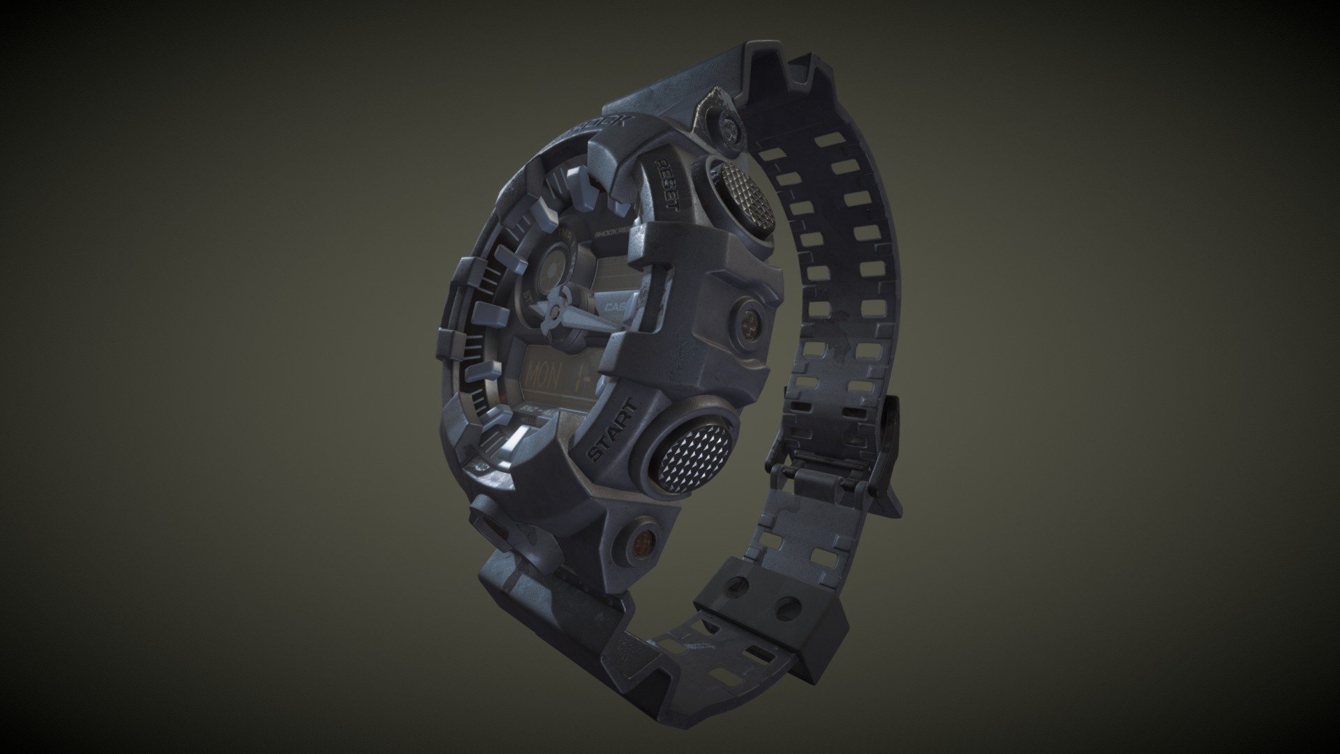 This is a production breakdown of the G-SHOCK GA-700UC watch in matte gray, released by Casio in 2017.

Current Stage: Normals flipped correctly to reduce seams and single-sided face rendering selected to hide interior of the model. Crystal (glass screen) added back to the watch after absence in previous milestone.

To Do: Fine tune materials. Fully realize story element. Close geometry on the back of the watch. Soften normals on wristband 3d model