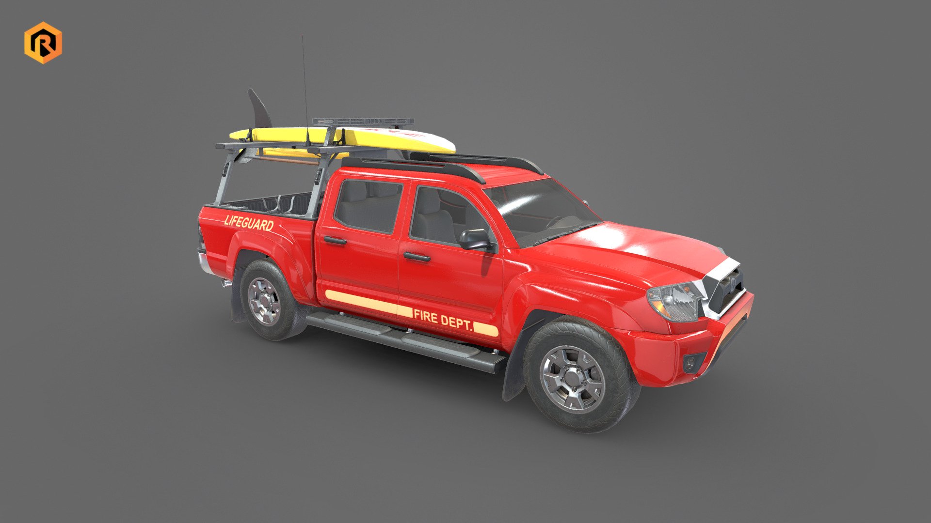 High-quality low-poly PBR 3D model of Lifeguard Truck.

This object is best for use in games and other VR / AR, real-time applications such as Unity or Unreal Engine.

It can also be rendered in Blender (ex Cycles) or Vray as the model is equipped with all required PBR textures.  

Technical details:  




4 PBR textures sets (Main Body, Interior, Glass and Surfboard)  

36014 Triangles  

35564  Vertices  

The model is divided into few objects (Main Body, Stretcher, Surfboard and Wheels)  

Model is completely unwrapped.  

Pivot points are correctly placed to suit optional animation process.  

All nodes, materials and textures are appropriately named.

Lot of additional file formats included (Blender, Unity, Maya etc.)

More file formats are available in additional zip file on product page.  

Please feel free to contact me if you have any questions or need support for this asset 3d model